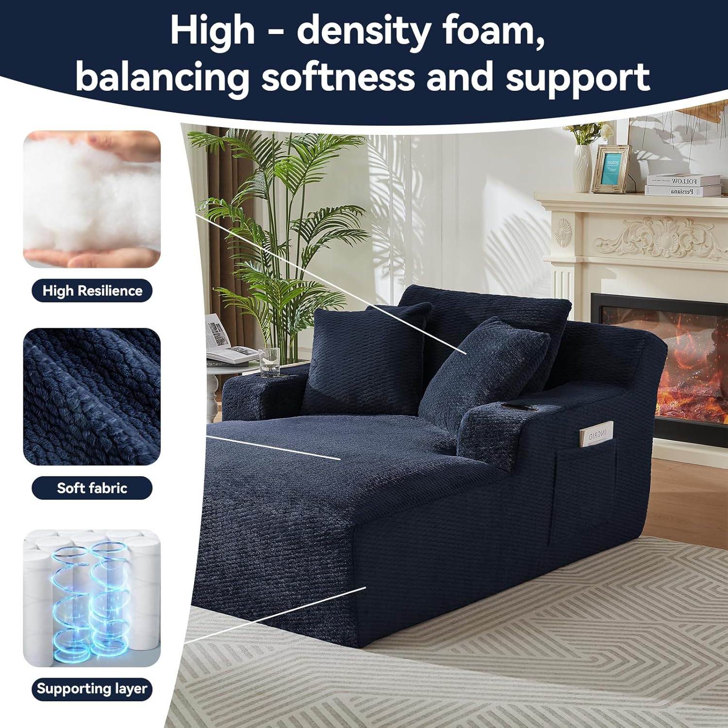 66" Oversized Chaise Lounge Chair Indoor, Faux Fur Boneless Cloud Couch with 3 Pillows, Cup Holders & Side Pockets, Deep Seat Lounge Sofa for Living Room Reading Lounging(Dark Blue)