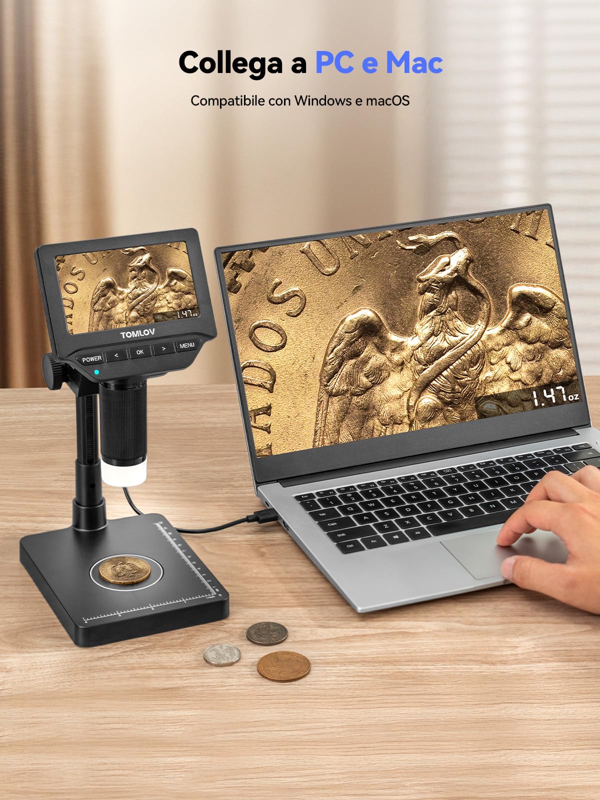 TOMLOV DM4W Microscopio Digitale con Bilancia: Microscopio per Monete con 4,3" IPS Schermo, Lente d'Ingrandimento con Luce, Bilancia Precisa per Collezionisti, Gioiellieri, Compatibile PC/Mac