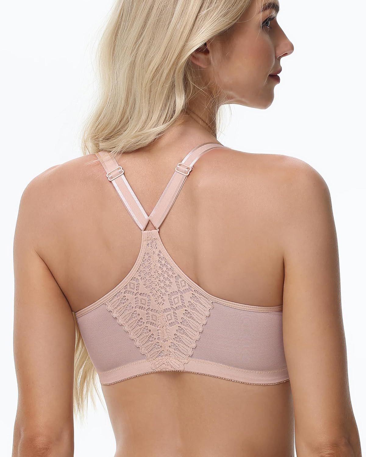 Women's Front Closure Bra Underwire Unlined T-Back Lace Unpadded Full Coverage Racerback Bras for Plus Size