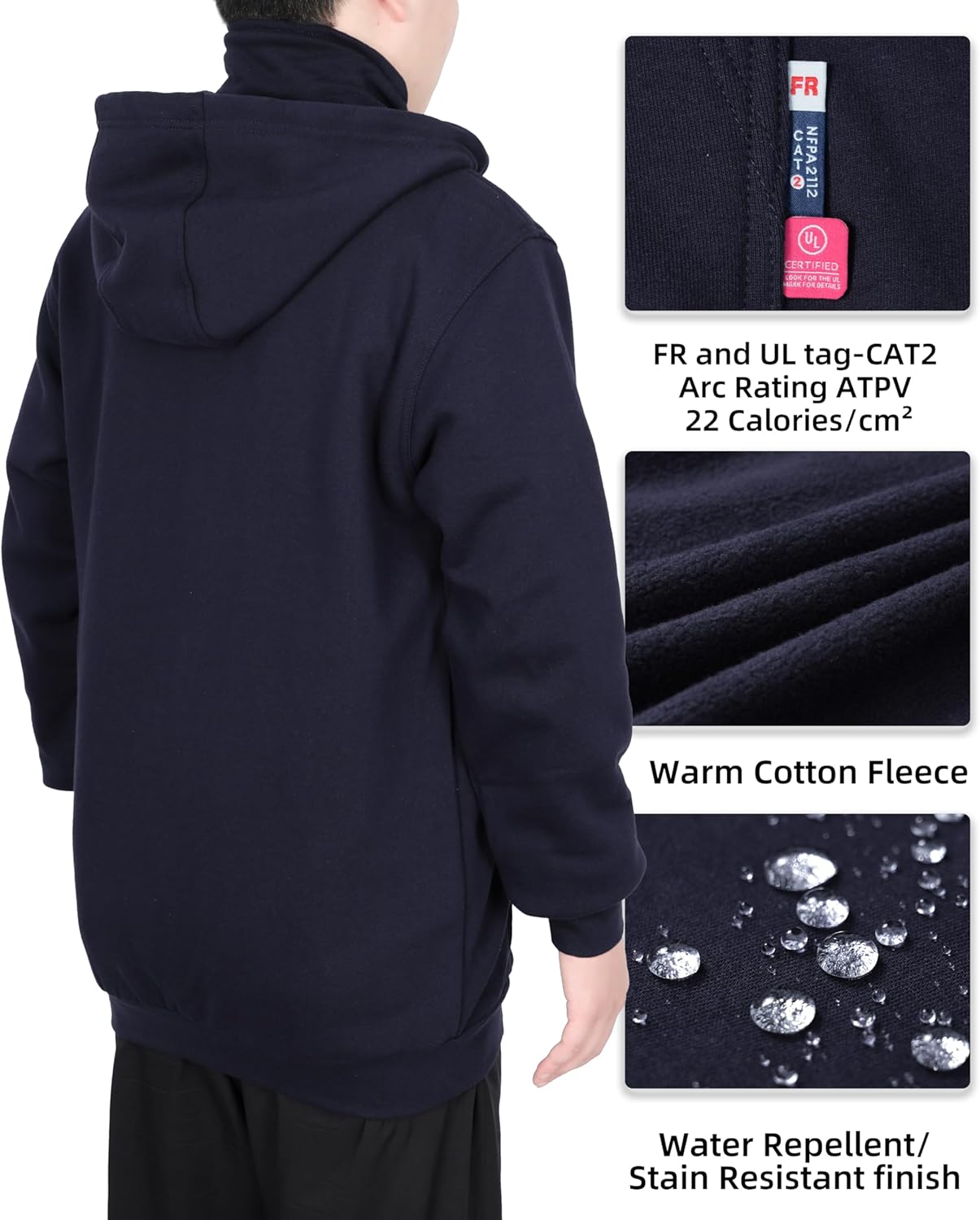 BOCOMAL FR Men's Hoodies Zipper Mock-Neck 14oz Heavyweight Fleece Fire Resistant Hooded Sweatshirts-NFPA2112 CAT2 - Image 5