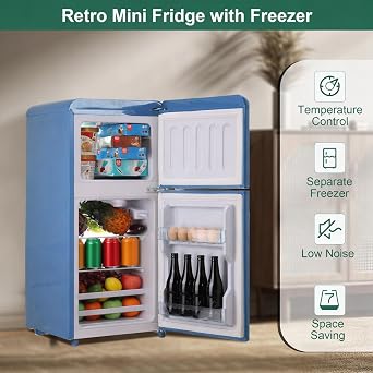 Retro Fridge with Freezer, 3.5 Cu. Ft. Mini Fridge, Small Refrigerator with 7-Level Adjustable Thermostat, Retro Compact Refrigerator 2-Door Fridges for Apartment/Dorm/Office/RV, Blue