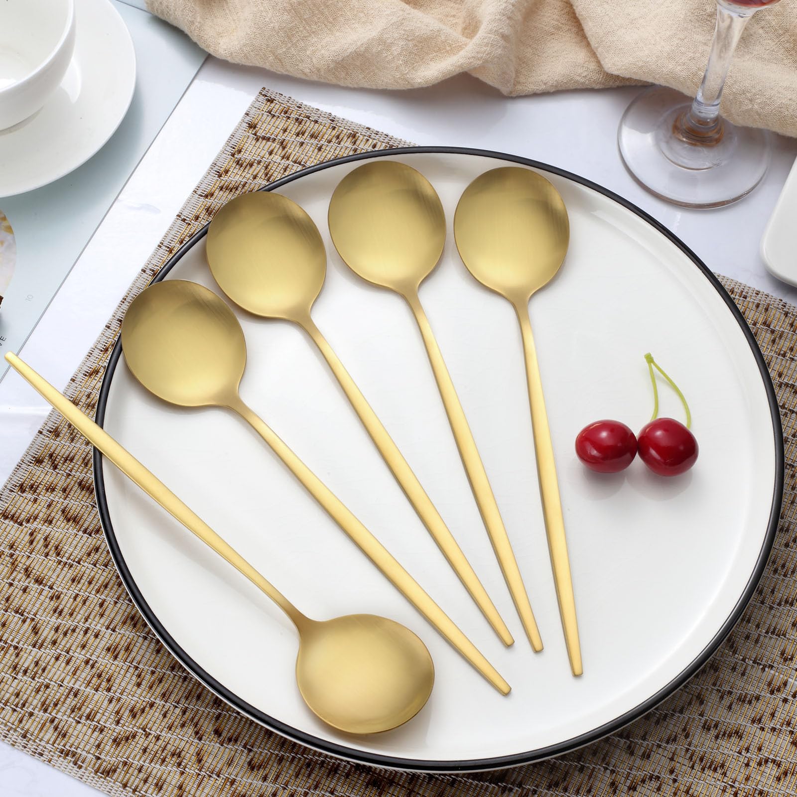 Pleafind 36-Pcs Matte Gold Dinner Spoons, 8.3 inch Spoons Silverware, Stainless Steel Spoon, Silverware Spoons, Large Round Head Spoon, Kitchen Spoons for Home, Kitchen, Restaurant, Dishwasher Safe