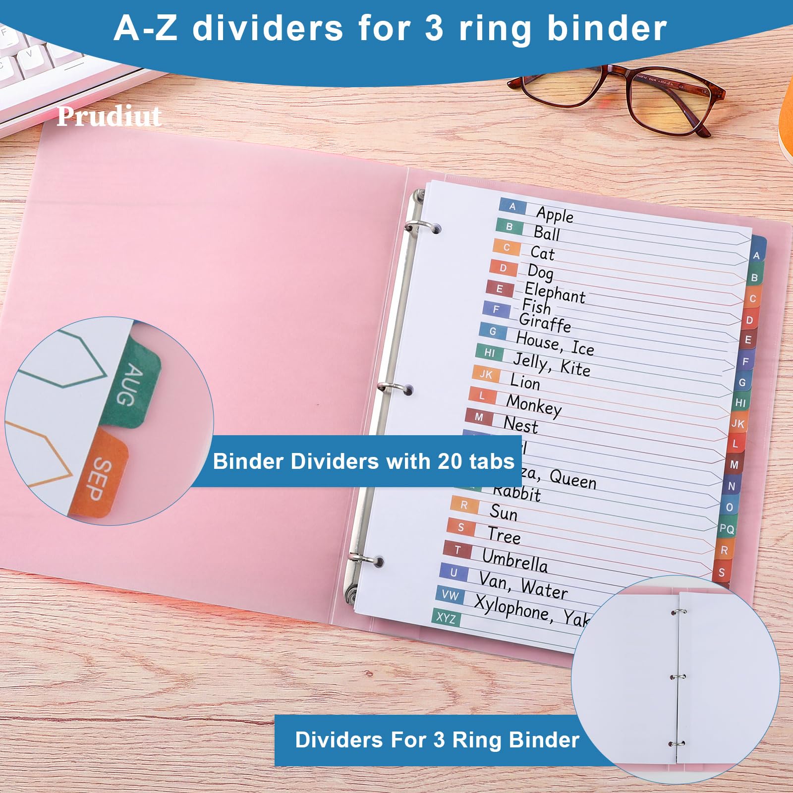 Alphabet-Trennblätter für 3-Ringordner, 20 Registerkarten mit Reitern, weißes Papier, Notizbuch-Trennblätter mit mehrfarbigen Reitern, 21,6 x 27,9 cm, 2 Stück