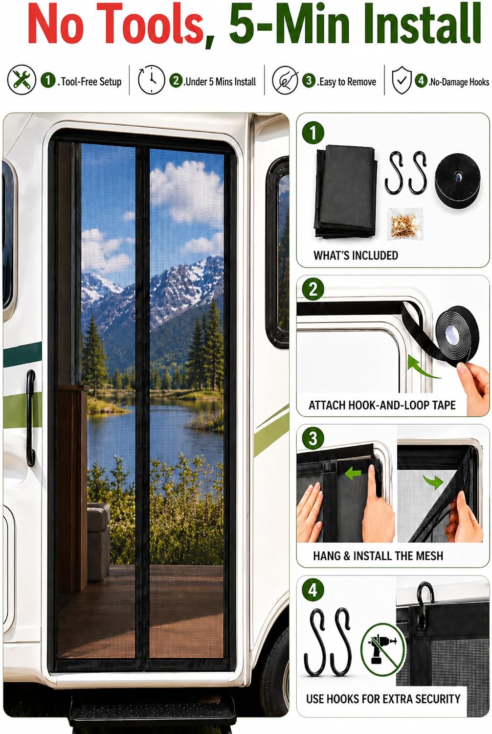 RV Screen Door Mesh with Hooks, Camper Screen Door Protector, 33.5" x 80.7"