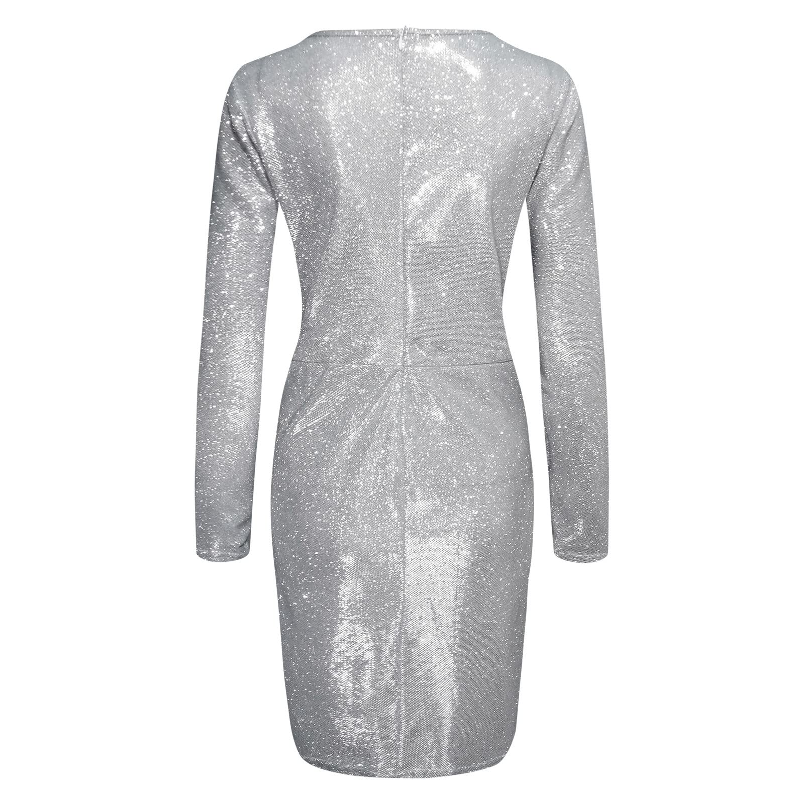 Vestito da donna affascinante paillettes scollo a V sexy maniche lunghe abito autoculante sottile abito argento metallizzato donna, argento, S