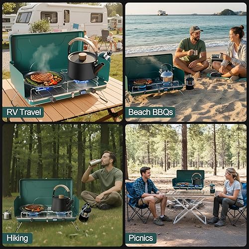 Miniatura 6 de Estufa de campamento de doble quemador, cocina de gas al aire libre resistente al viento, placa plegable estable para portón trasero, caravana,