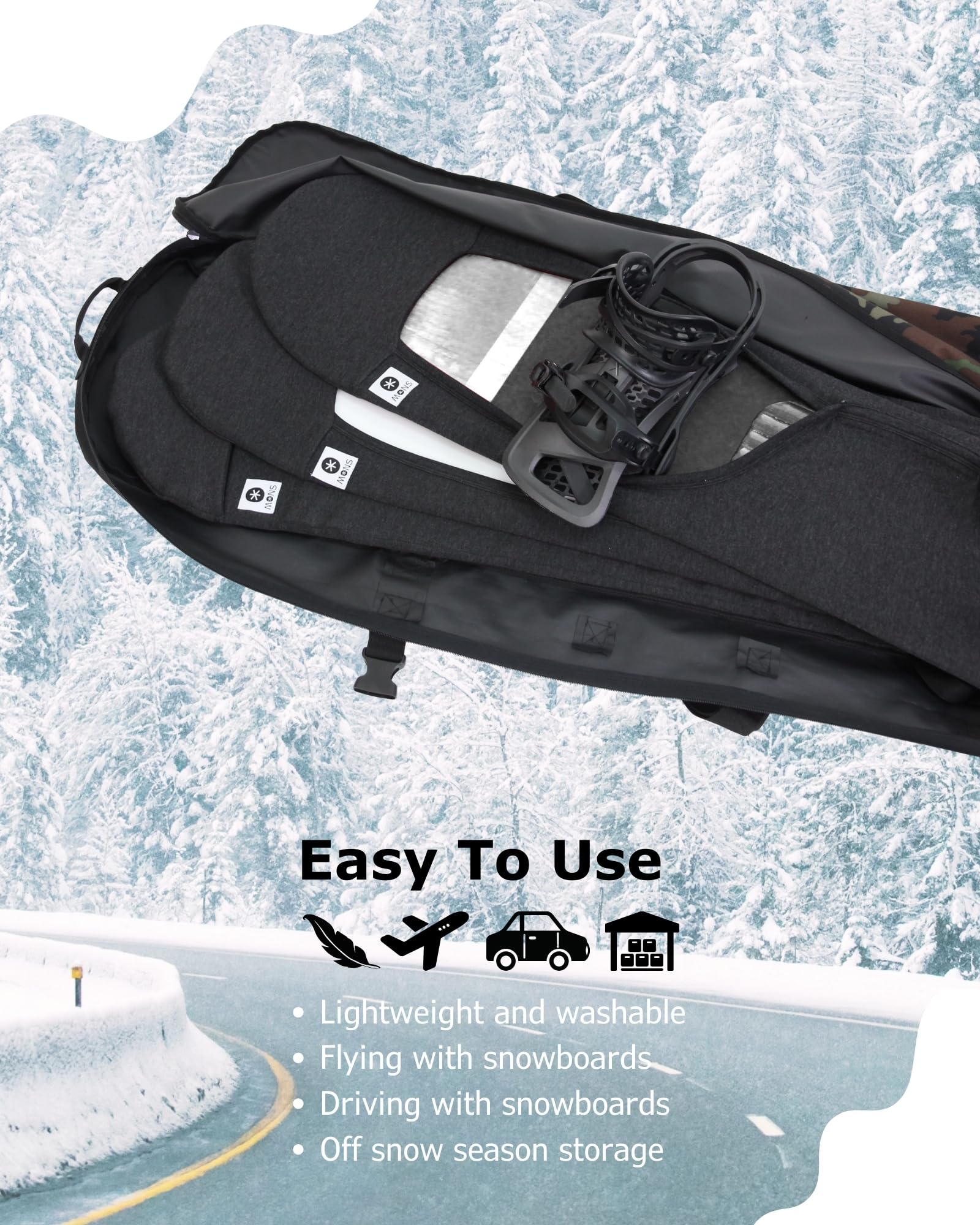 MONS Housse Souple de Protection de Snowboard en Poudre pour Sac de Planche avec Reliure Ouverte résistante aux Rayures Ouverte