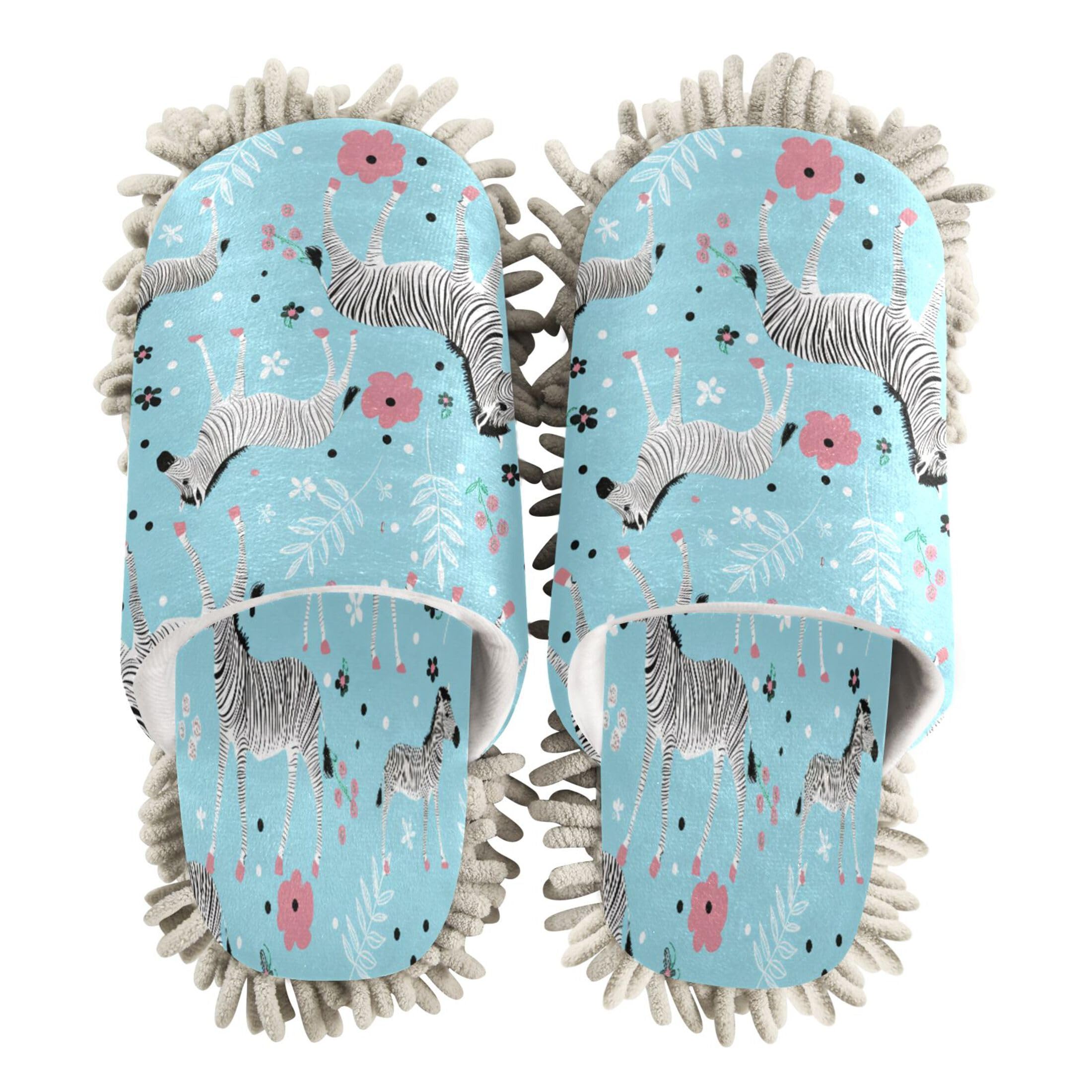 Kigai Zebras with Flowers Mop Slippers for Floor Cleaning, Slippers for Women Men, Microfiber Floor Cleaning, L
