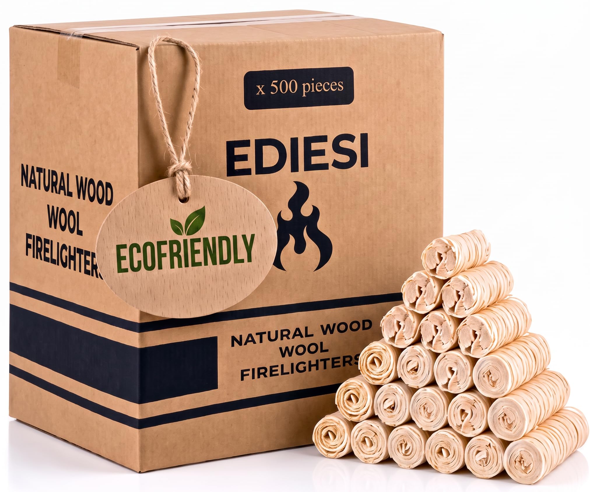 Ediesi Allume-Feu Naturel en Laine de Bois, (500 unités), Allume Barbecue, Cheminée et Poêle, Peuplier et Cire Naturelle, Inodore et sans Toxiques, Allumage Rapide