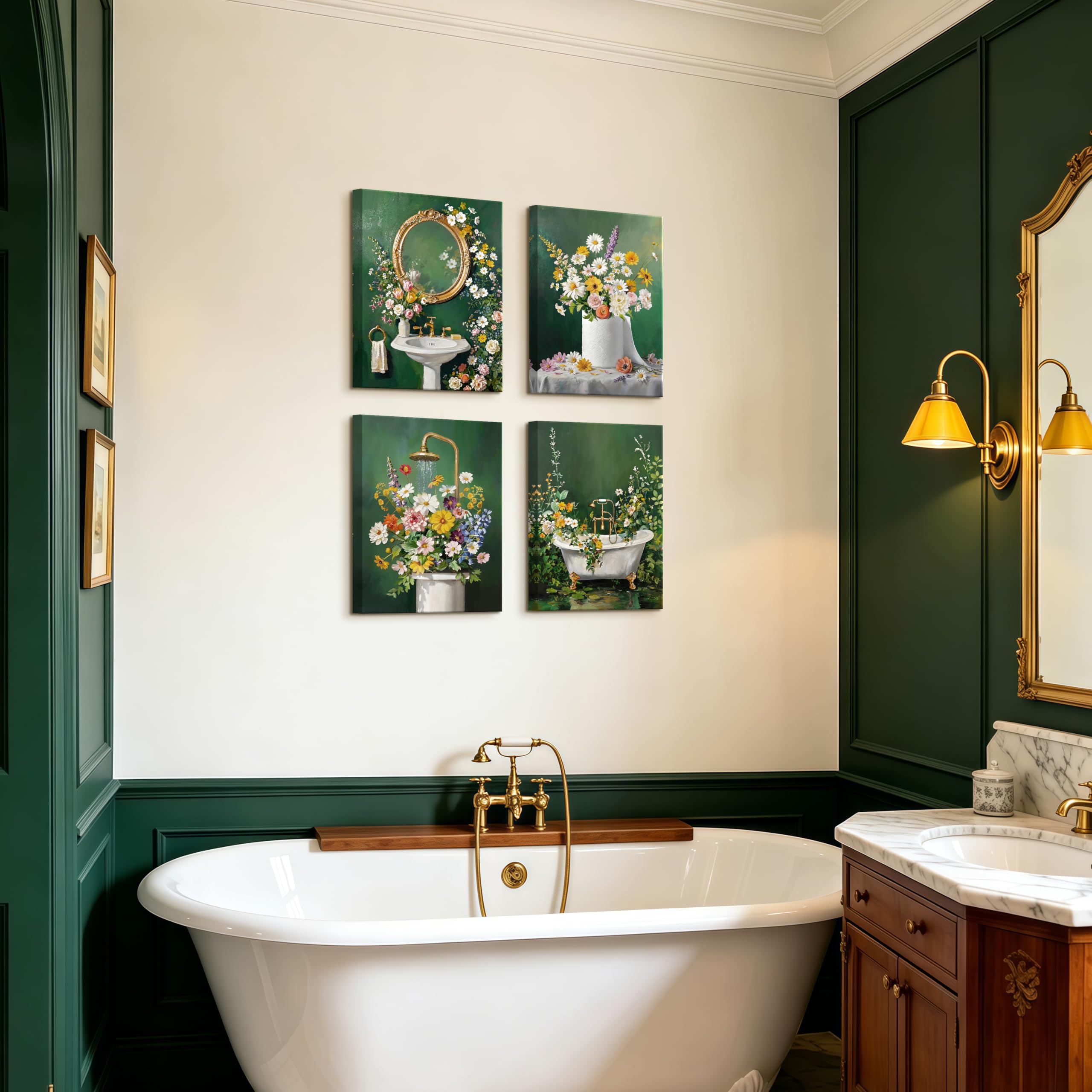 4Pcs Stampa su tela Con Cornice Bagno in Stile Botanico Verde Pittura Foglie di Fiori Selvatici Verde Quadri su tela Poster da parete Quadretti Quadri Moderni Lavabo WC Vasca da Bagno 30x40cm x4