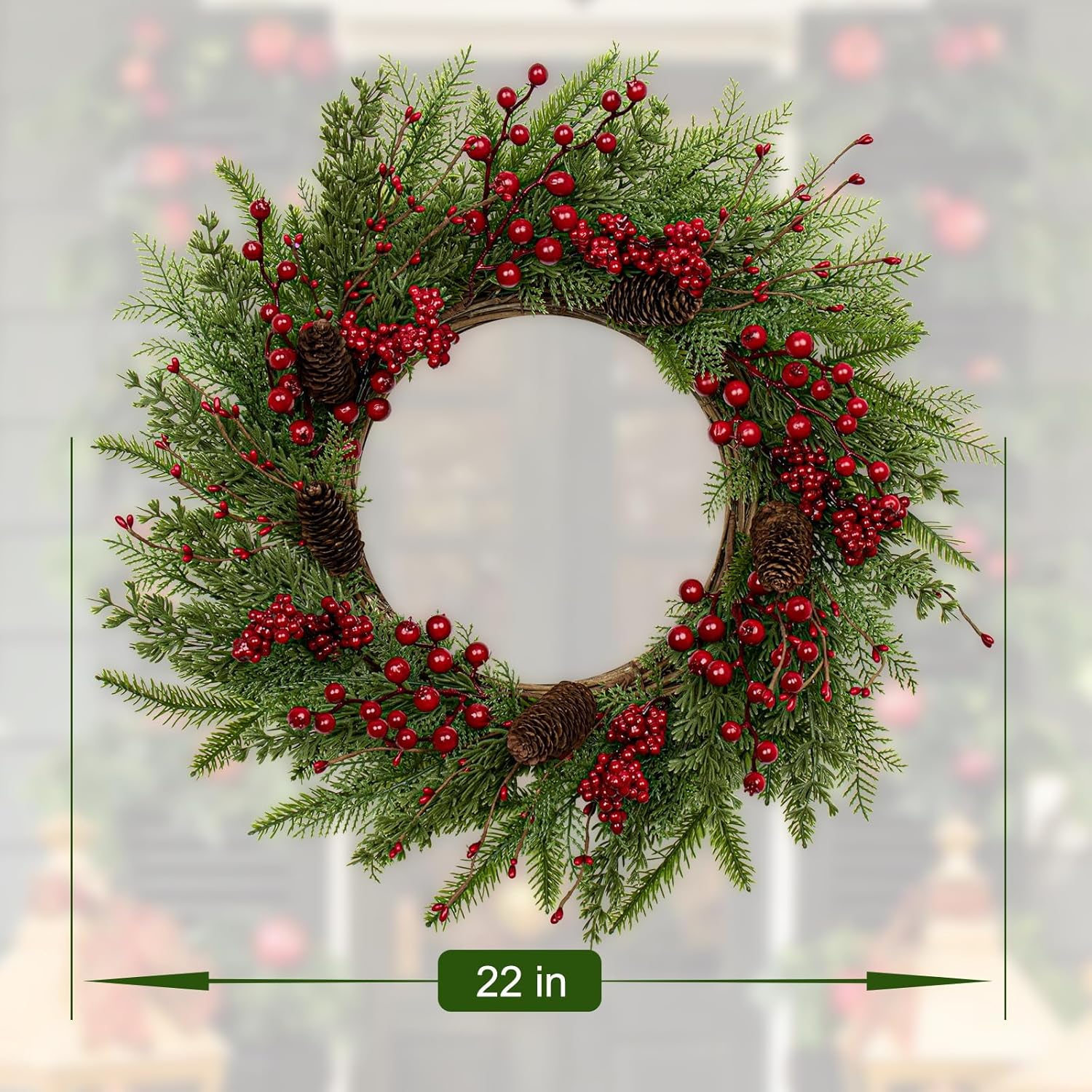 JINGHONG Artificial Christmas Wreath 22 Inch Christmas Wreaths for Front Door Winter Wreath with Red Berries Pine Cones Needles for Indoor Outdoor Xmas Winter Holidays