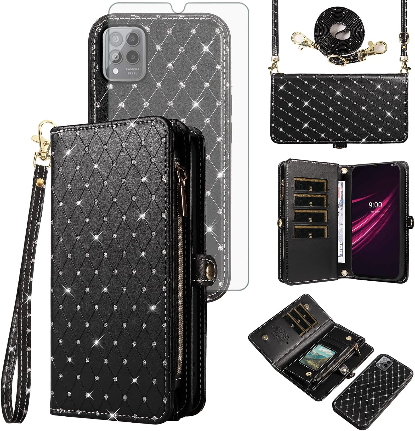 Asuwish Phone Case for T-Mobile Revvl 6 Pro/6X Pro 5G Zipper Wallet Cell Cover with Screen Protector Strap Glitter Flip Card Holder Slot Tmobile Revel X Tmo Revell T Mobile Rebel TCL Women Girls Pink