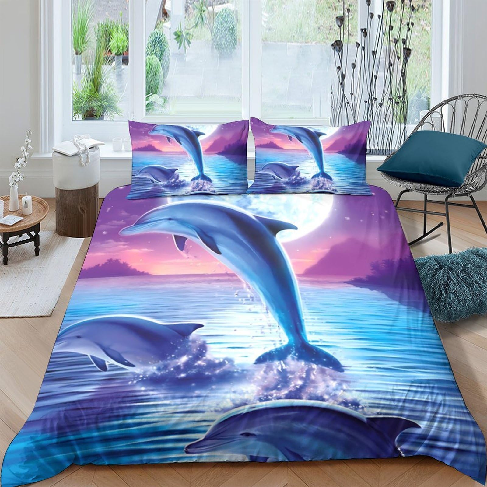 TUFRTGYHN 3D Printed Dolphin Sunset Duvet Cover Microfiber Soft Breathable Ocean Wave Bedding Set with 2 Pillowcases for Bedroom Decor Single（135x200cm）