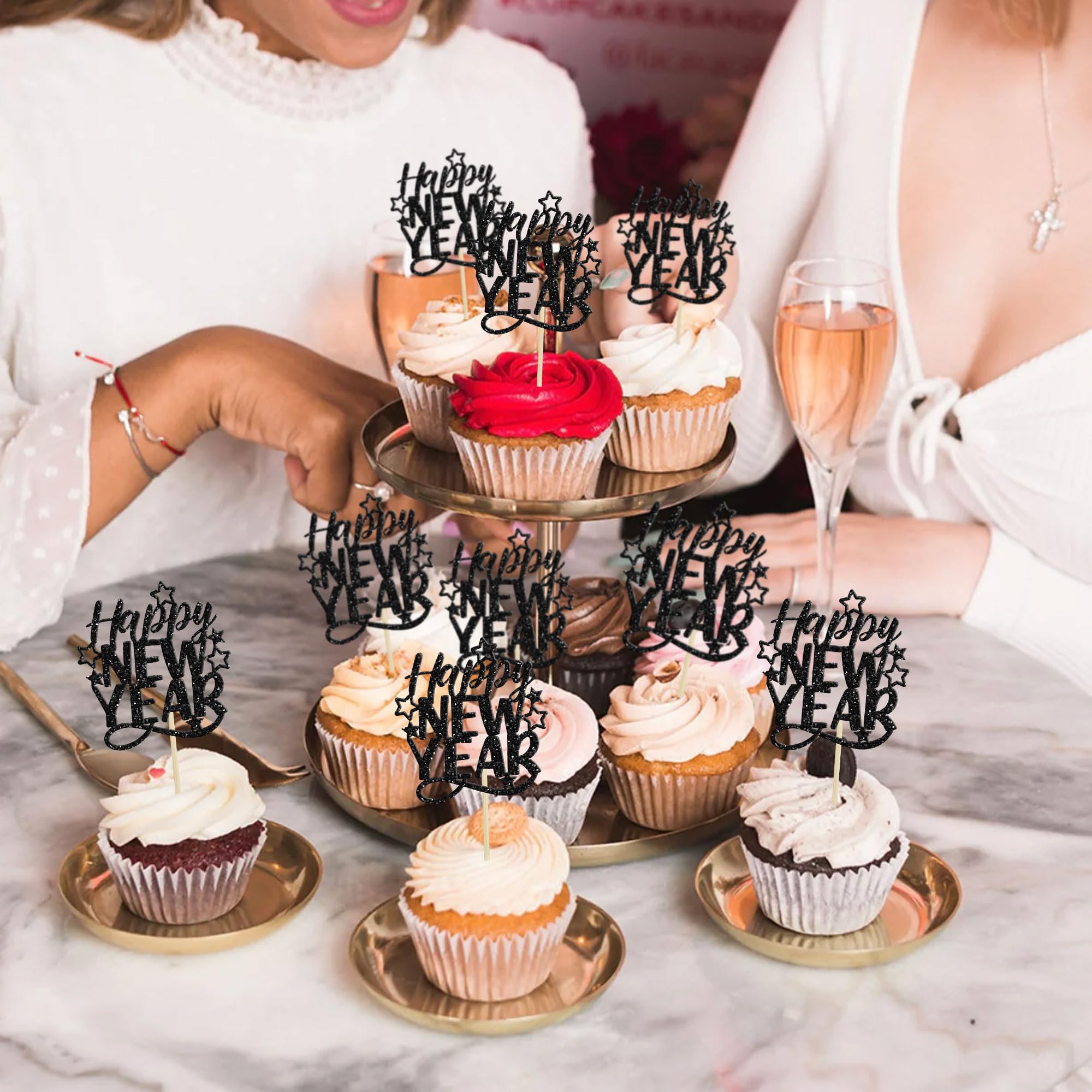 16 Cupcake-Aufsätze 'Happy New Year 2024' – Mit Mitternachtsstern-Design, Glitzer, Für Silvester-Partys
