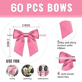 Rainbow Pana 60 Pack Twist Tie Bows for Treat Bags 3 Blush Pink Satin Ribbon Bows for Package Craft Gift Wrapping Decoration