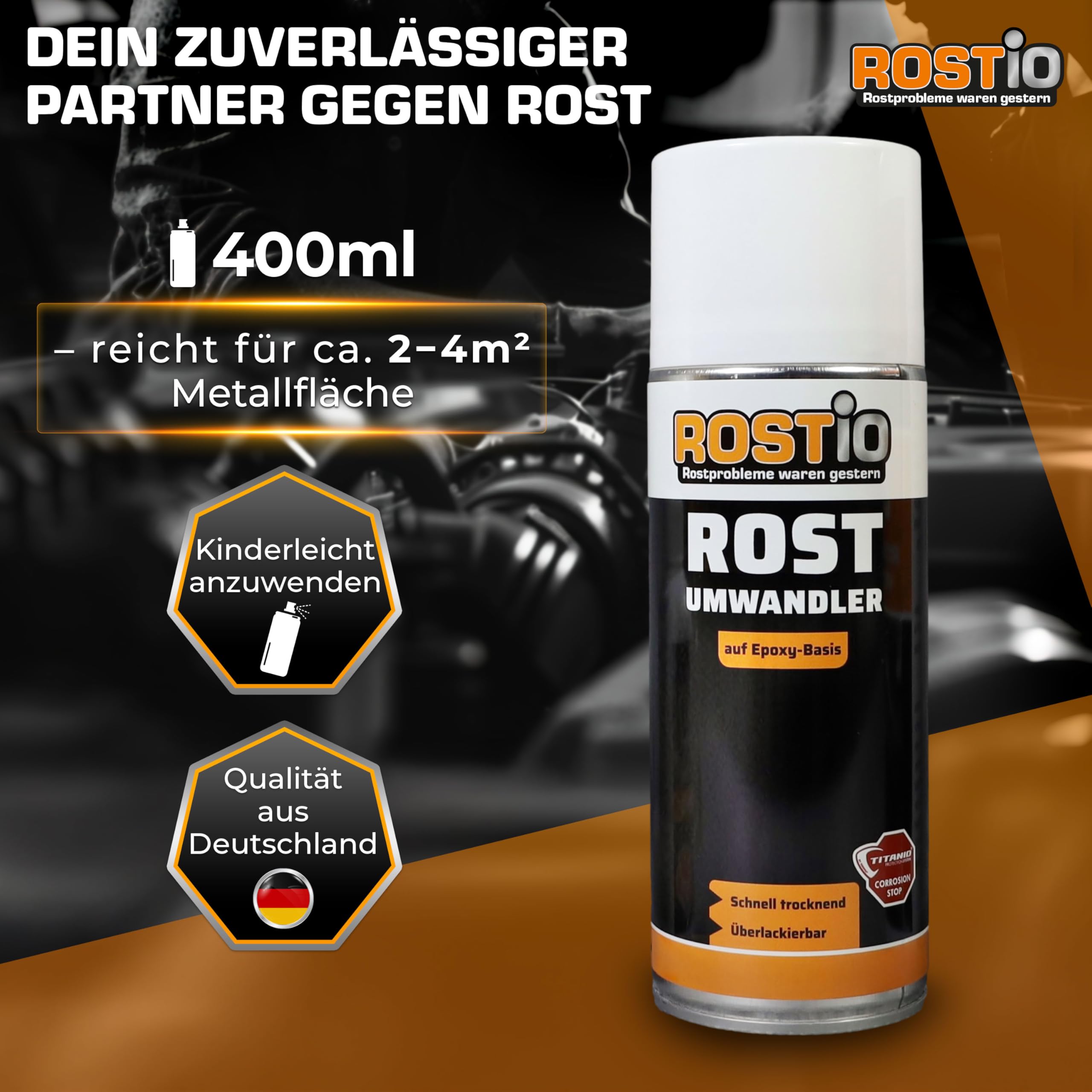 Rostio Rostumwandler Spray 3 x 400 ml – Rostkonverter & Korrosionsschutz – Rostentferner farblos – überlackierbar nach ca. 120 Min – Epoxidharz-Basis – temperaturbeständig bis 180 °C