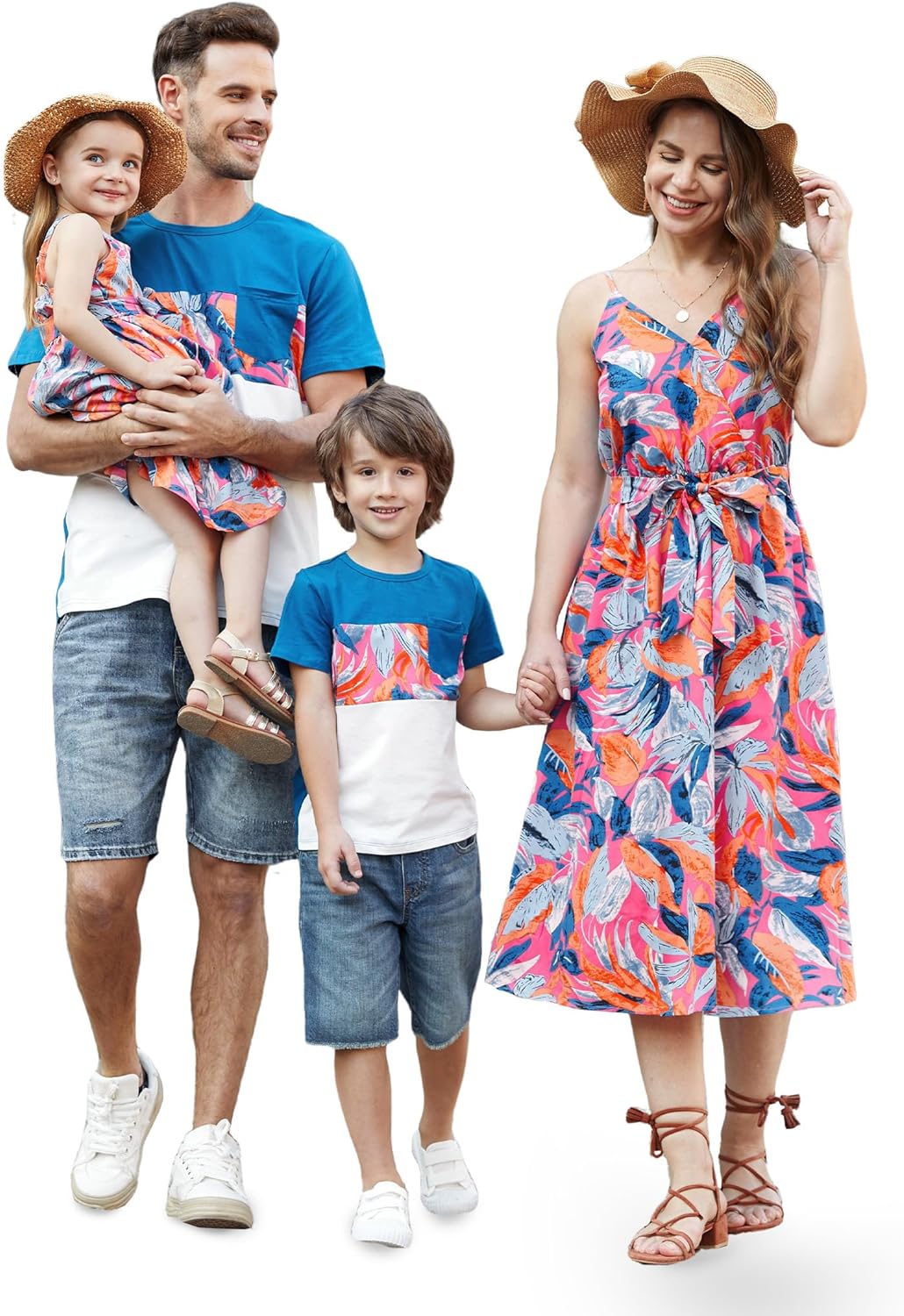 PATPAT Family Matching Outfits Mommy and Me Dresses Hawaiian Tropical Vacation Beach Spaghetti Strap Dress and Shirt