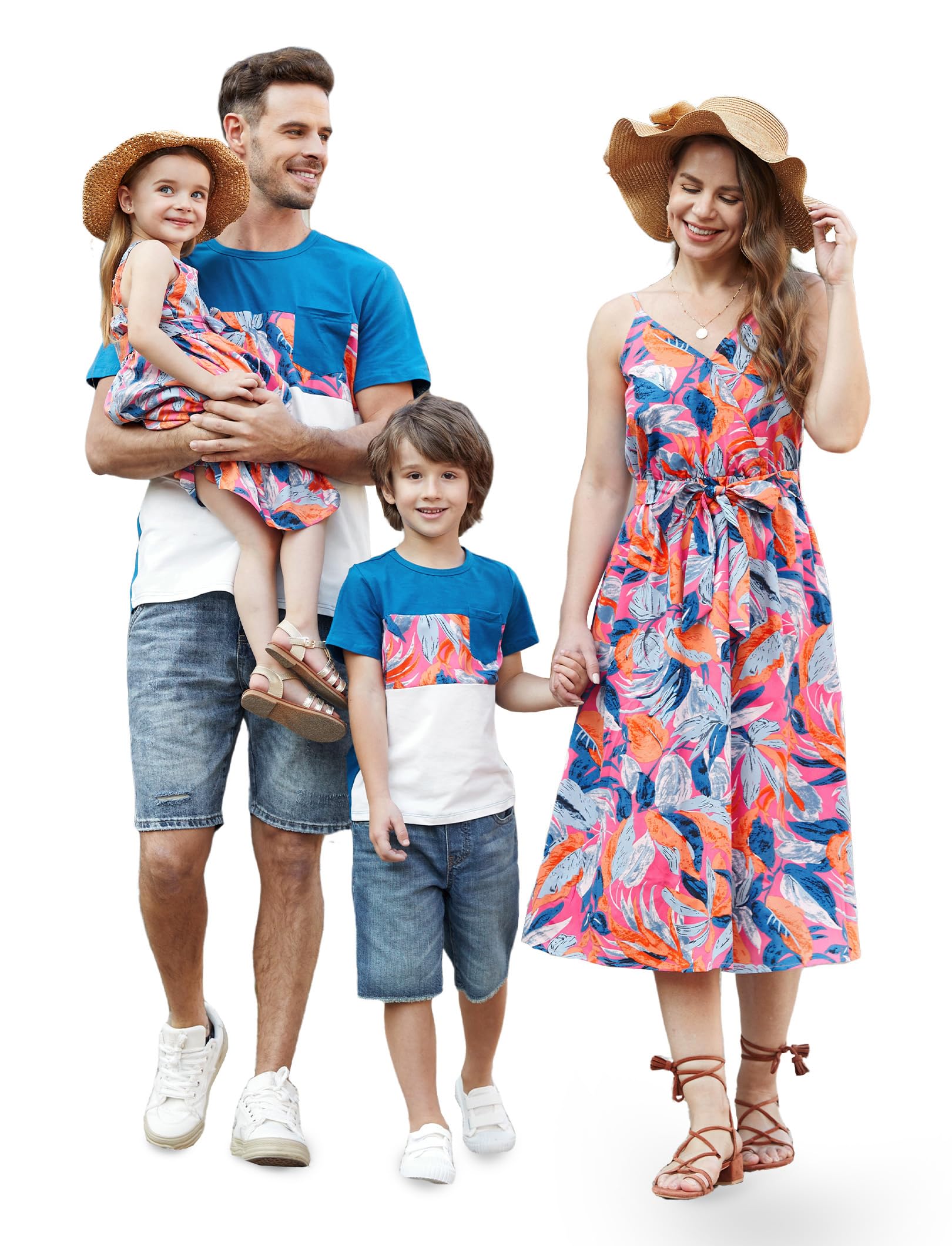 Family Matching Outfits Mommy and Me Dresses Hawaiian Tropical Vacation Beach Spaghetti Strap Dress and Shirt