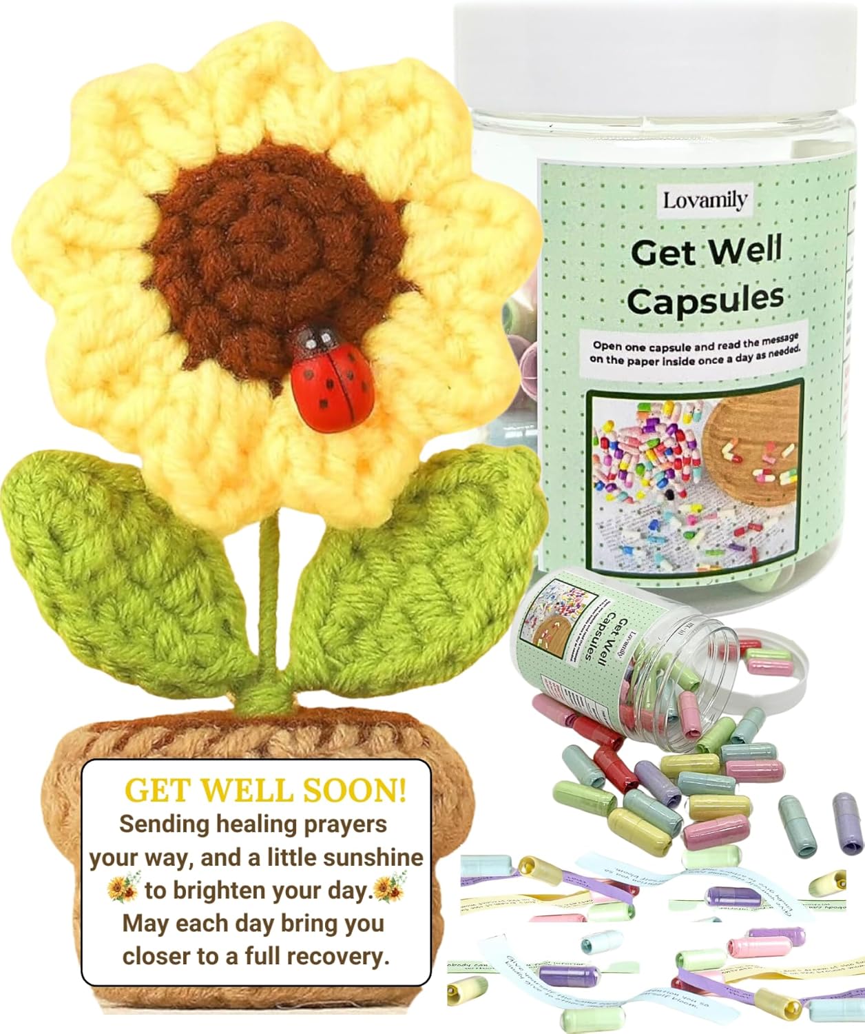 Get Well Soon Gifts - Message Capsule Bottle and Crochet with Card Uplifting Present Basket for Women Men Patients Family Coworker Friends After Surgery Recover Cancer Chemo