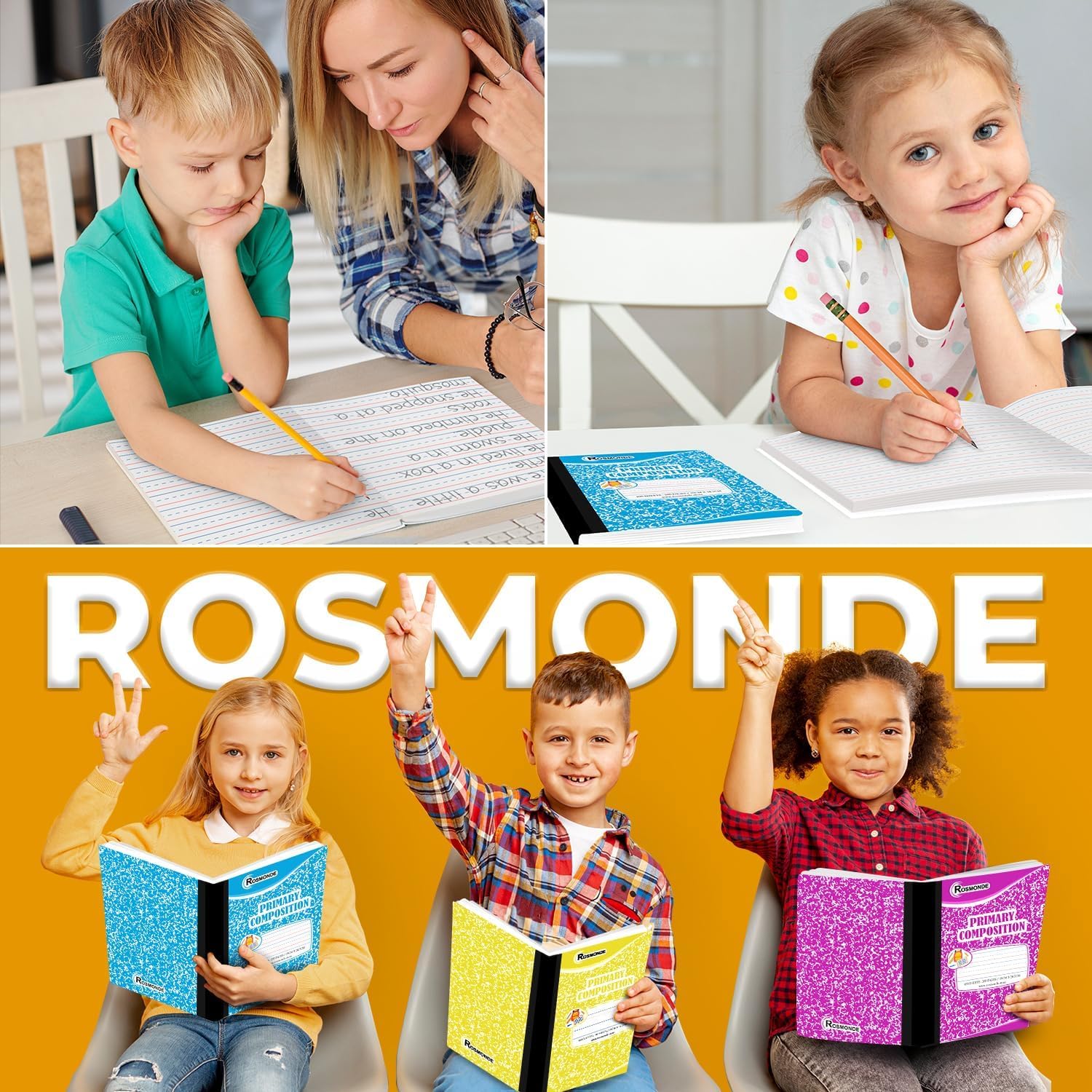 Rosmonde 12 Pack Primary Composition Notebooks, 200 Pages (100 Sheets), Primary Ruled Composition Notebook, 9-3/4" x 7-1/2", Grades K-2, Writing Dotted Lined, Assorted, Colors May Repeat