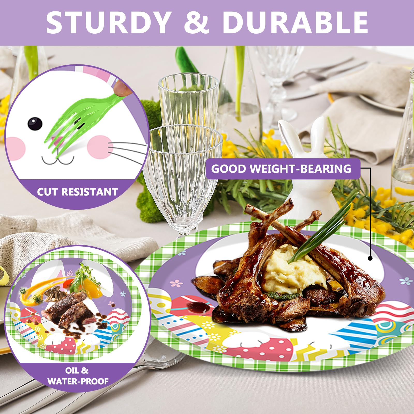 Qyeahkj Ovale Pappteller "Happy Easter", groß, 27,9 cm, Einweg-Hasen-Party-Dekorationen, bunte Ostereier, Gastgeschenk für Oster-Party, Geschirr-Set, 50 Stück