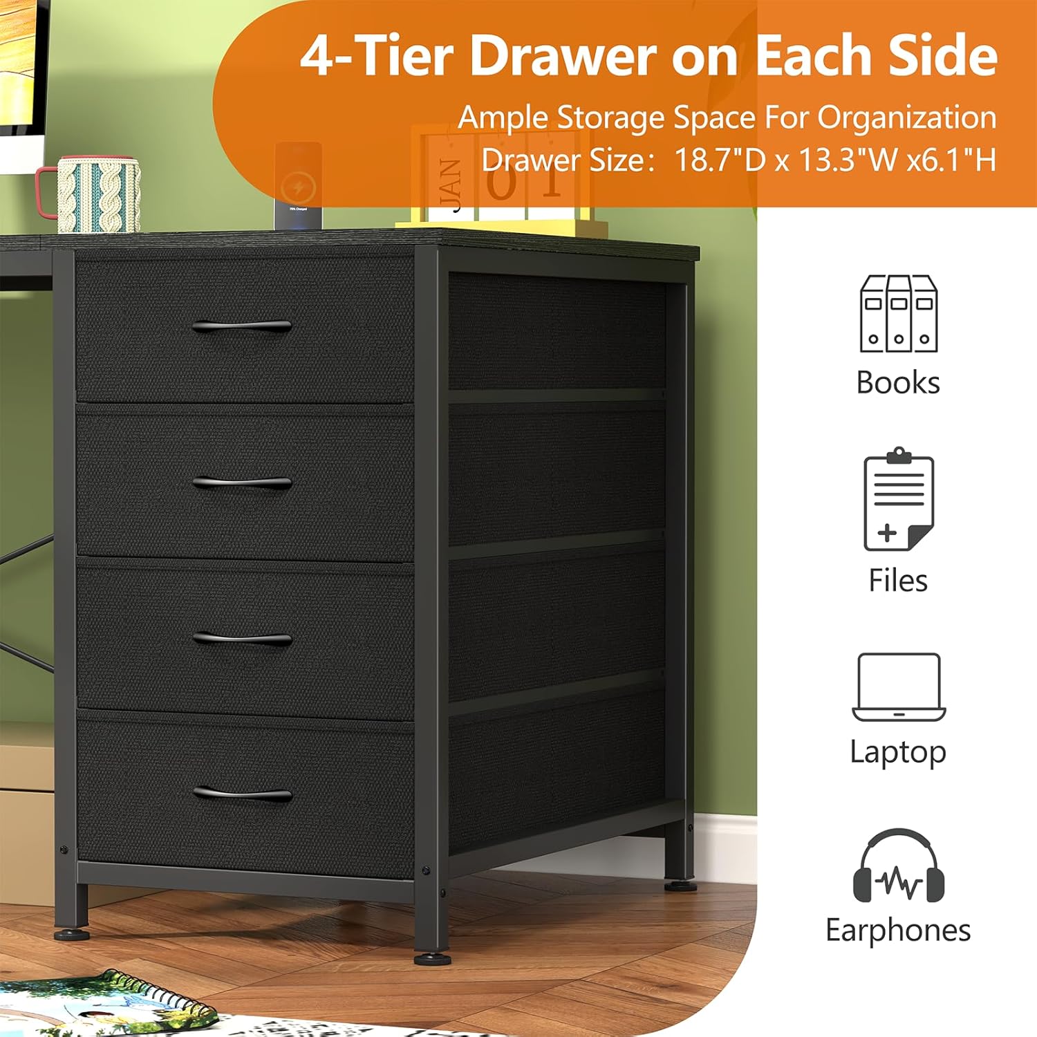 Diagram illustrating key features of the YOMILUVE desk: waterproof board, sturdy X-frame for stability, and adjustable feet for leveling.