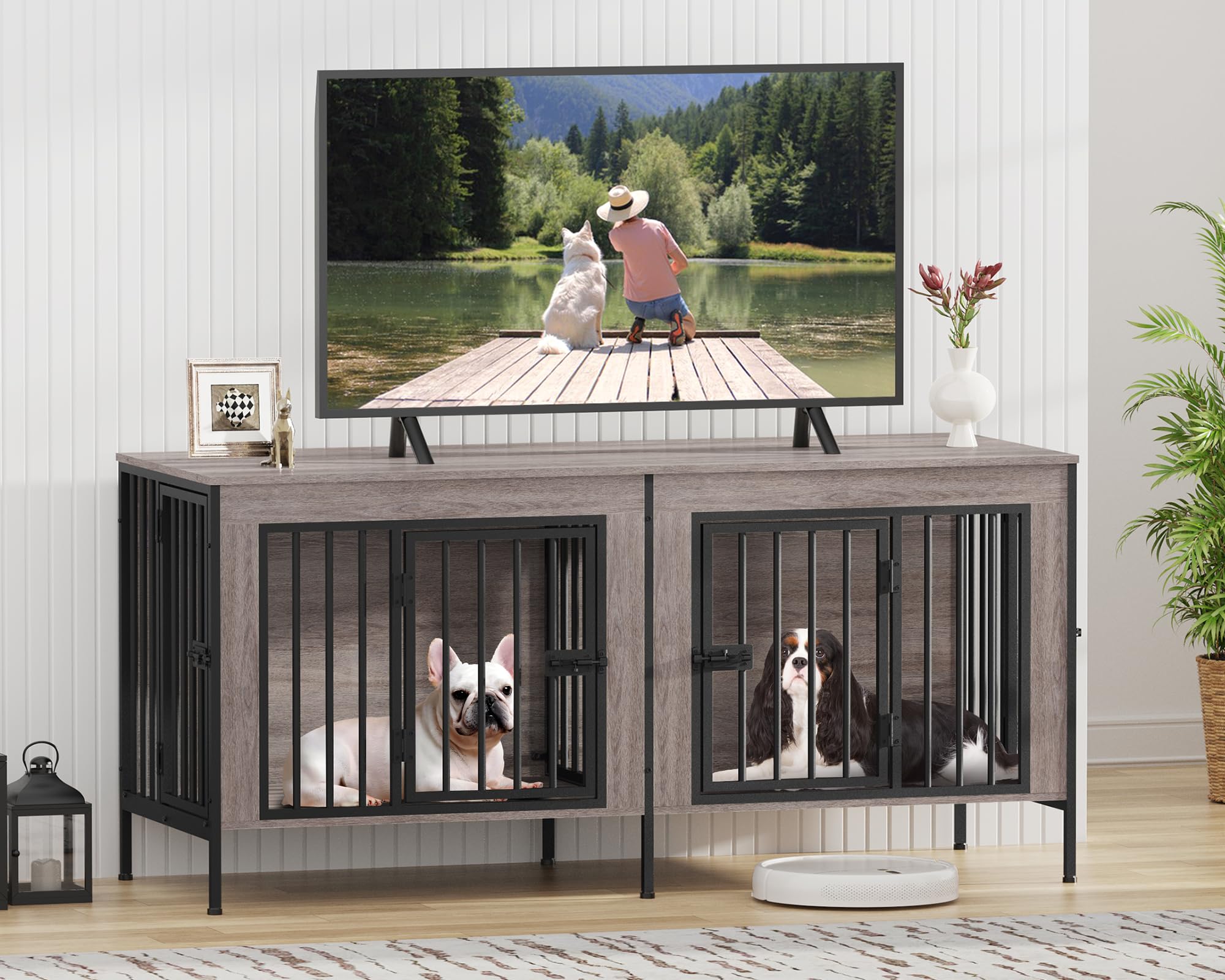 Hundekäfig Möbel für 1 Oder 2 Hunde, 4 Türen, 140 cm Holz Hundekäfig für Kleine/Mittlere Hunde, Indoor Hundebox für Zuhause als Beistelltisch und TV-Ständer, 140 x 52 x 66 cm, Graueiche