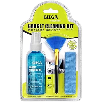 Gizga Essentials Professional 3-in-1 Cleaning Kit for Camera, Lens, Binocular, Laptop, TV, Monitor, Smartphone, Tablet (Includes: Cleaning Liquid 100ml, Plush Microfiber Cloth, Dust Removal Brush)