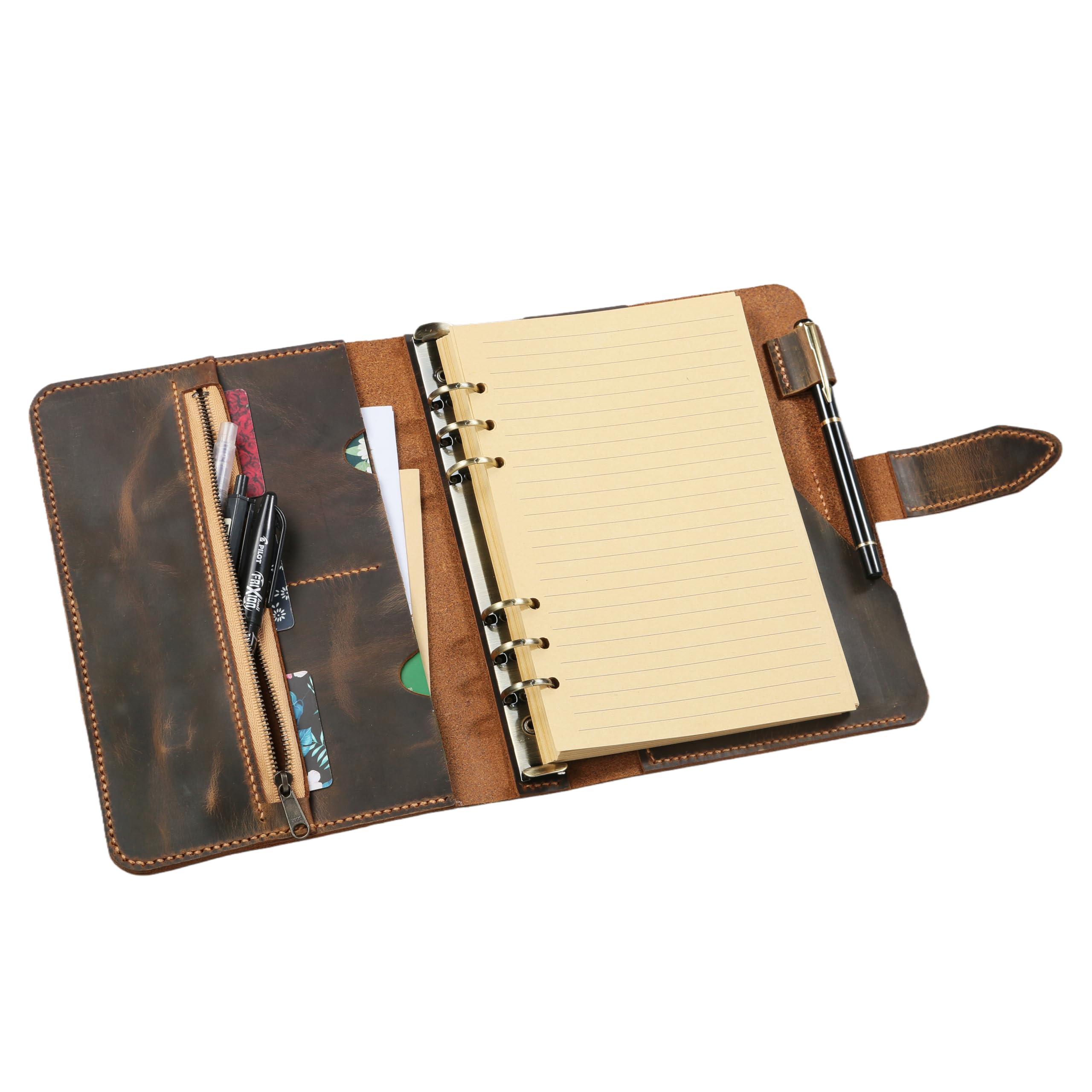 A5 Ringbuch-Notizbuch aus Vollnarben-Rindsleder, nachfüllbares Leder Tagebuch mit 6-Ring-Mechanik, YKK-Reißverschluss, Zusatzhüllen & Messing-Druckknopf, Retro Look Schreibmappe/Business Organizer