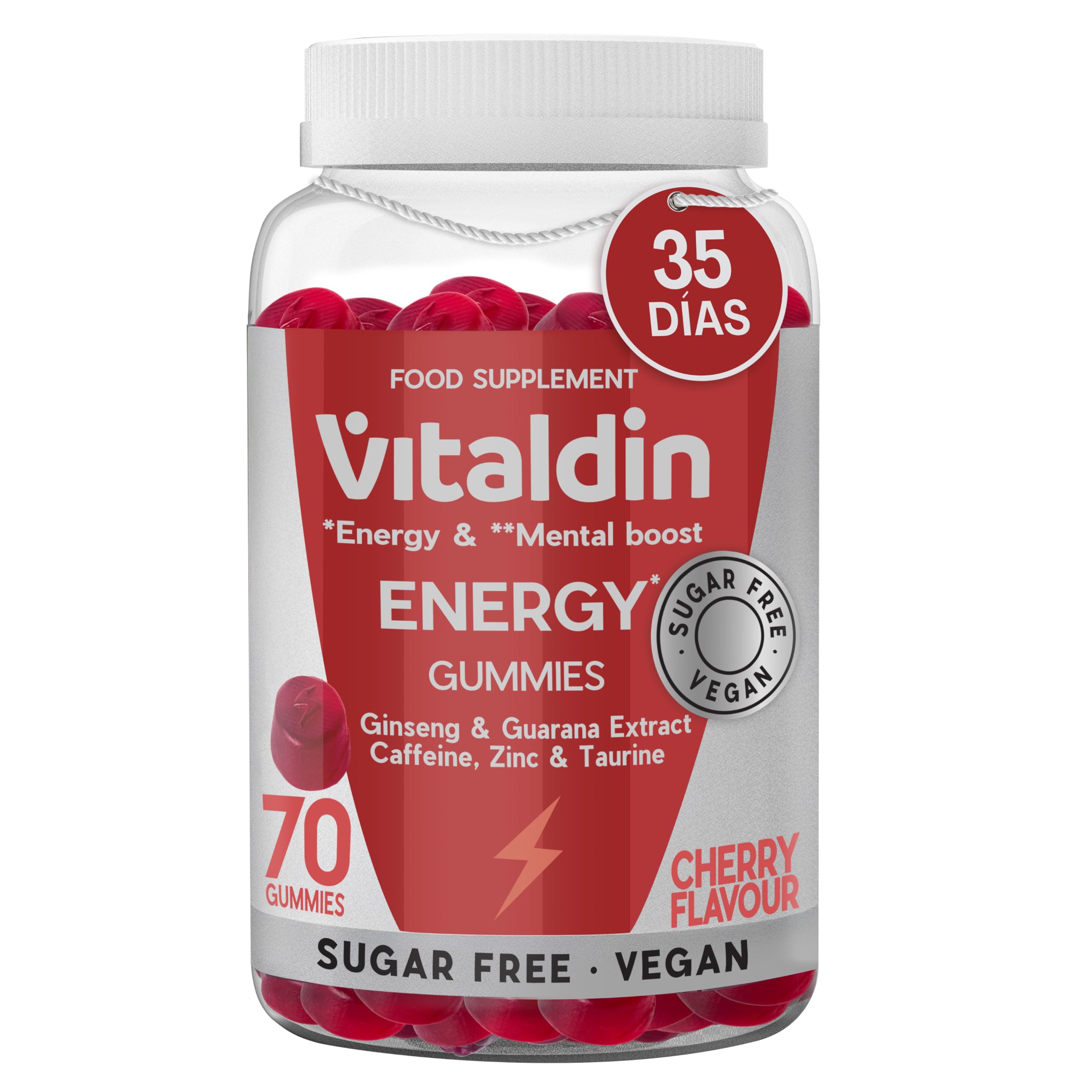 VITALDIN Energy Gummies –Gominolas Energéticas Veganas y Sin Azúcares añadidos–Con Ginseng,Guaraná,Cafeína,Taurina y Vitaminas B–Mejora la Concentración y Reduce la Fatiga–Sabor Cereza–70 gomas