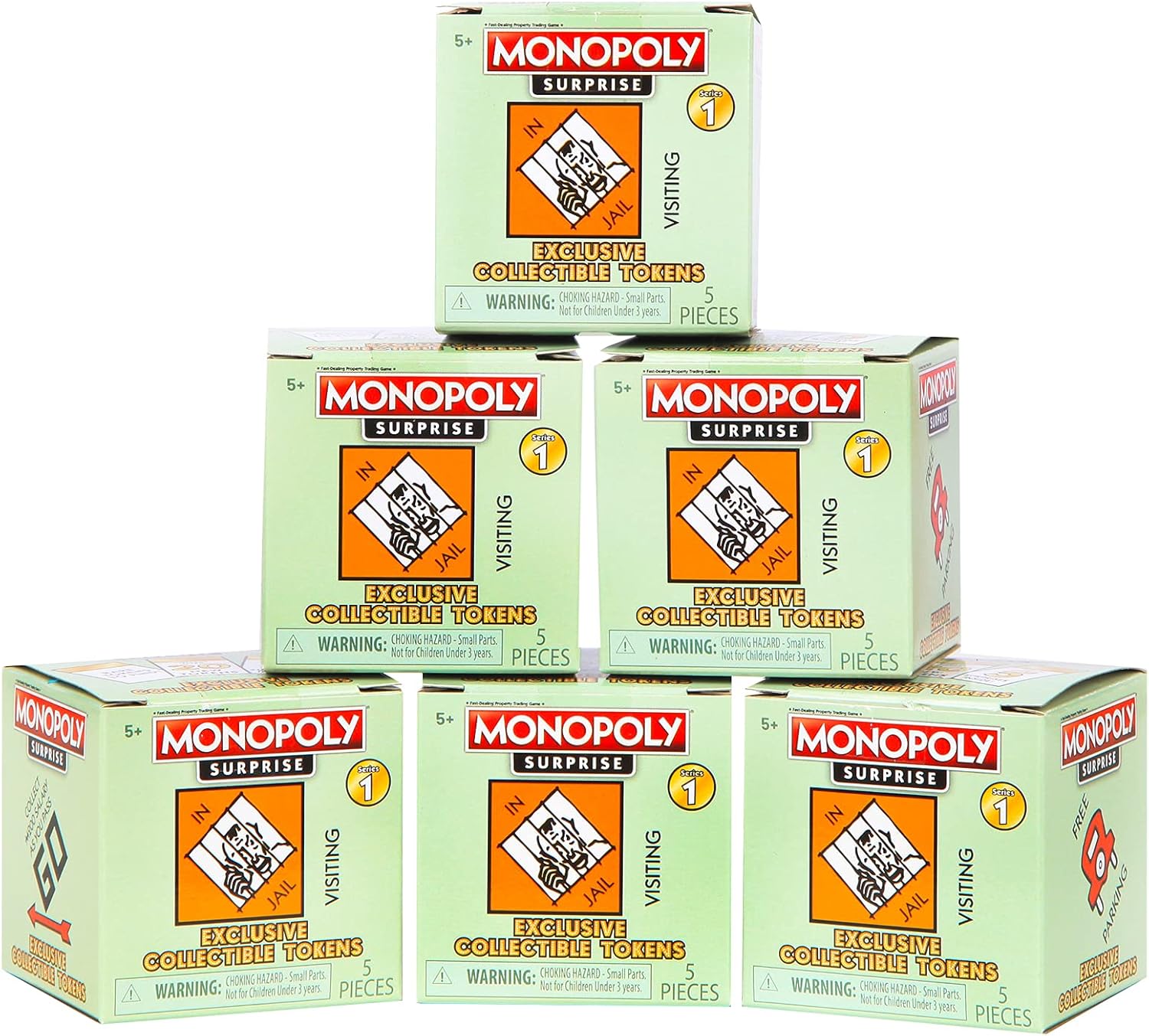 Six Monopoly Surprise boxes stacked, showing the 'In Jail / Just Visiting' token icon.