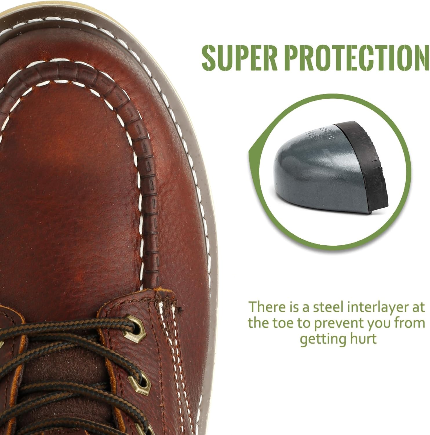 Moc Toe Work Boots for Men Waterproof Soft/Steel Toe Comfortable Full Grain Leather Non Slip Wedge Outsole Construction 6" Workboots - Image 3