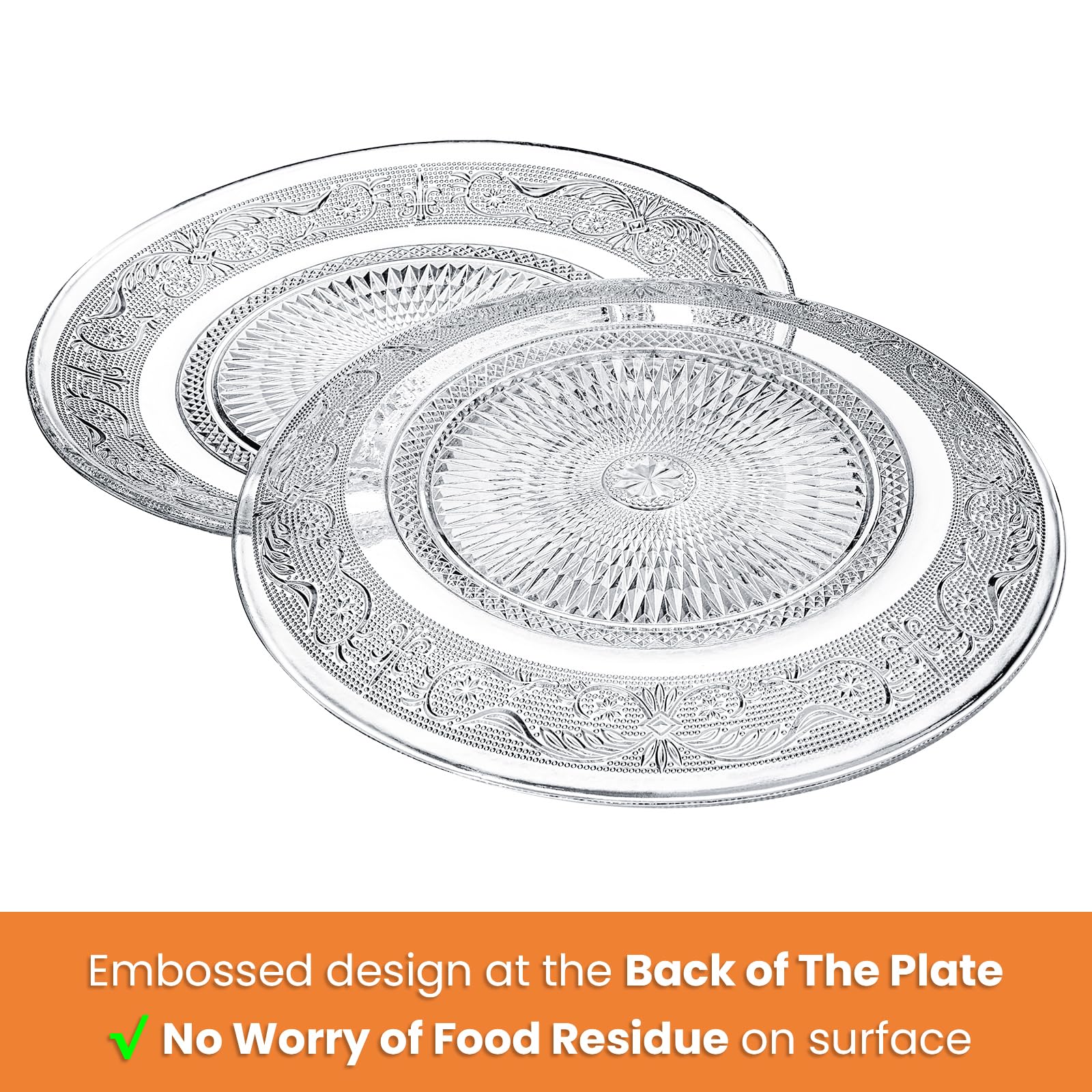 Elsjoy Paquete de 6 platos grandes de cristal de 10 pulgadas, plato redondo transparente para servir, vajilla vintage en relieve para ensalada, pasta, frutas