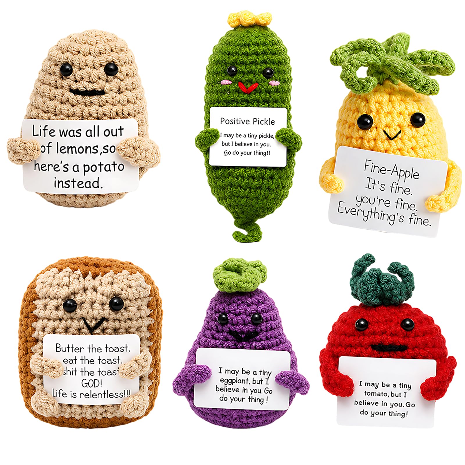 6PCS Crochet Kit, Positive Crochet Animals, Emotional Support Crochet, Emotional Support Gift, Emotional Support Gift Set with 6 Handmade Items, Desk Decor for Mood Uplift, Crochet Vegetables and Frui