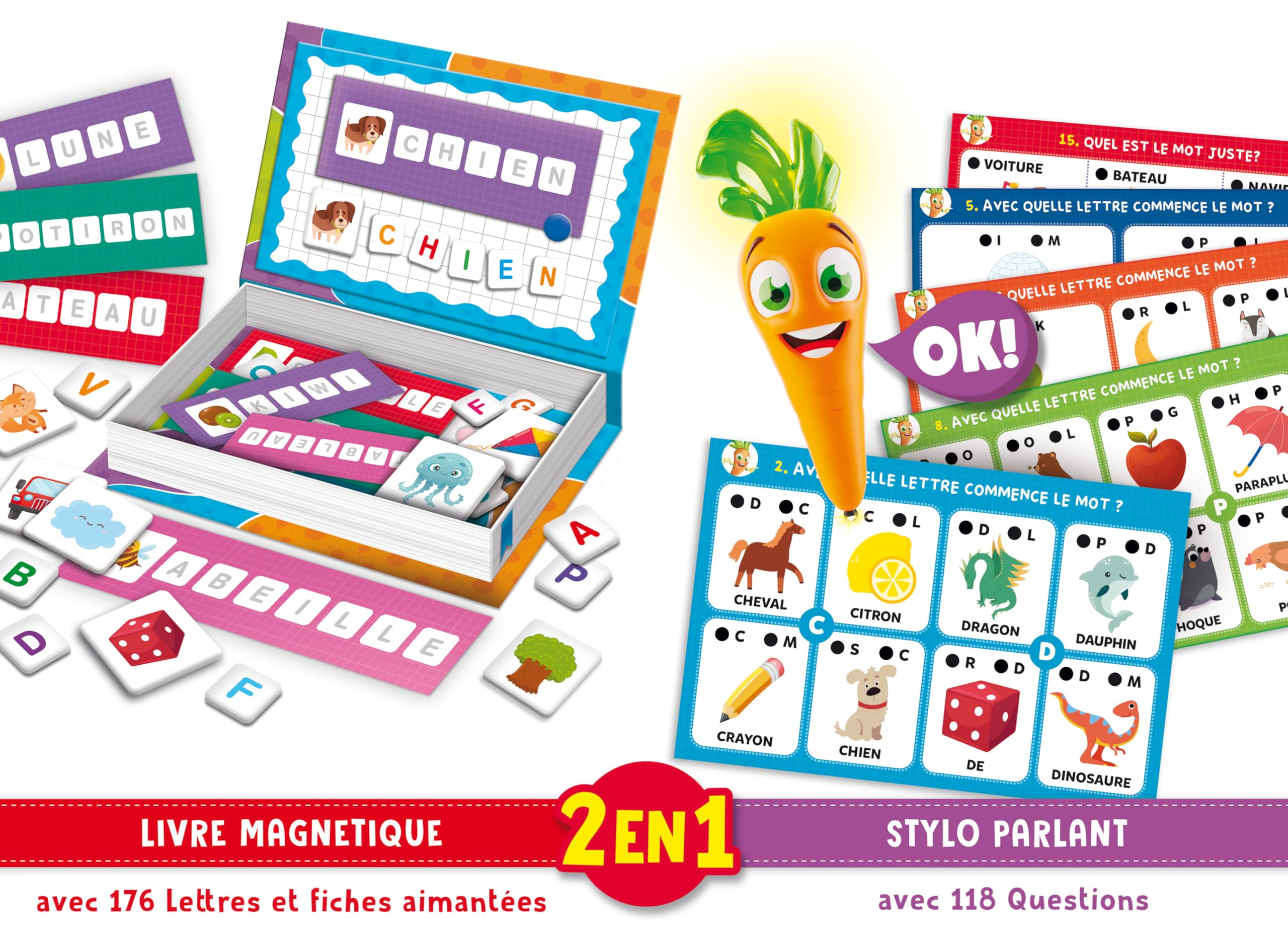 Lisciani - CAROTINA - Lettres et Mots 2 en 1 - Jeu Éducatif pour Enfants dès 3 Ans - Apprendre Les Lettres - Jeu Magnétique Intéractif avec Stylo Parlant - Activité Préscolaire - Jeu Électronique