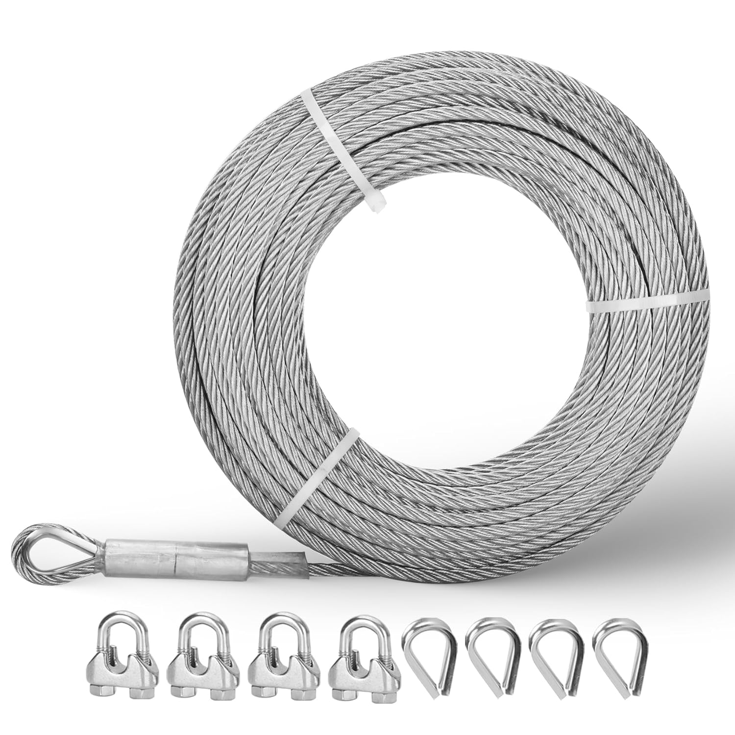 3/8" Stainless Steel Cable 50FT, 7x19 Strands Wire Rope Cable, with 12000 lbs Breaking Strength, Stainless Steel Wire Rope with M10 Clips Clamp and Thimbles for Boat Lifting Winch Cable