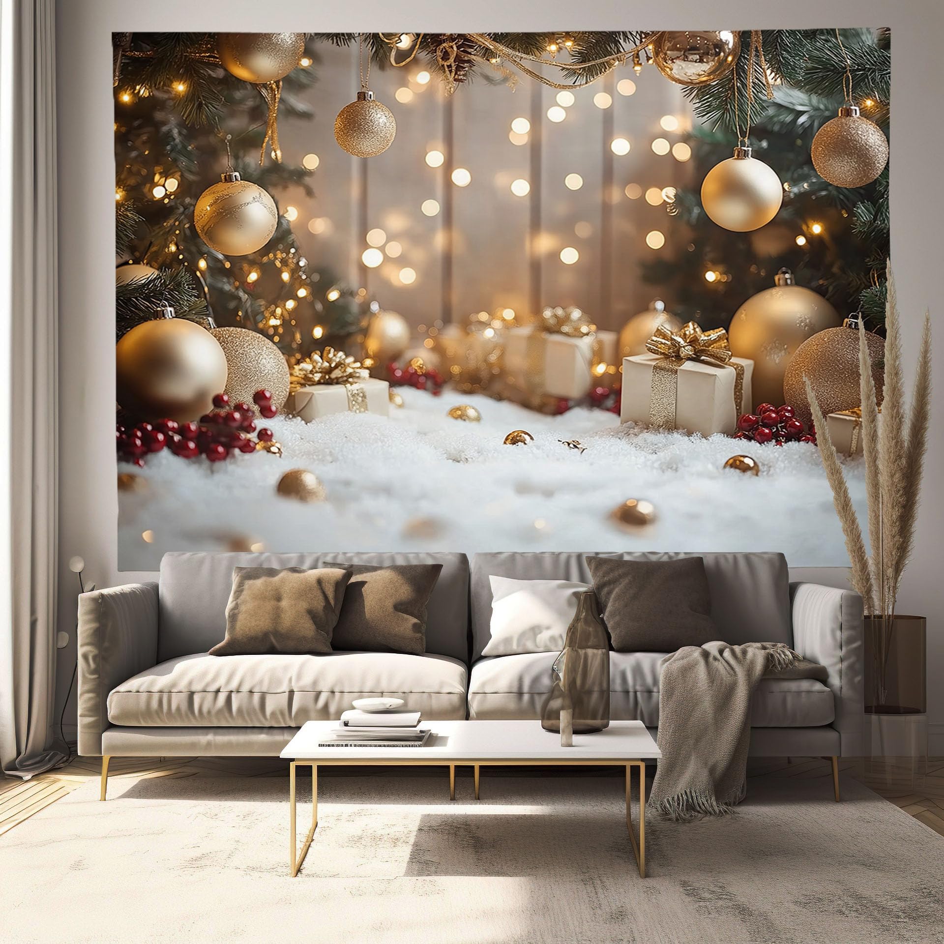 Couverture tenture murale boules de Noël or et branches de pin - 8