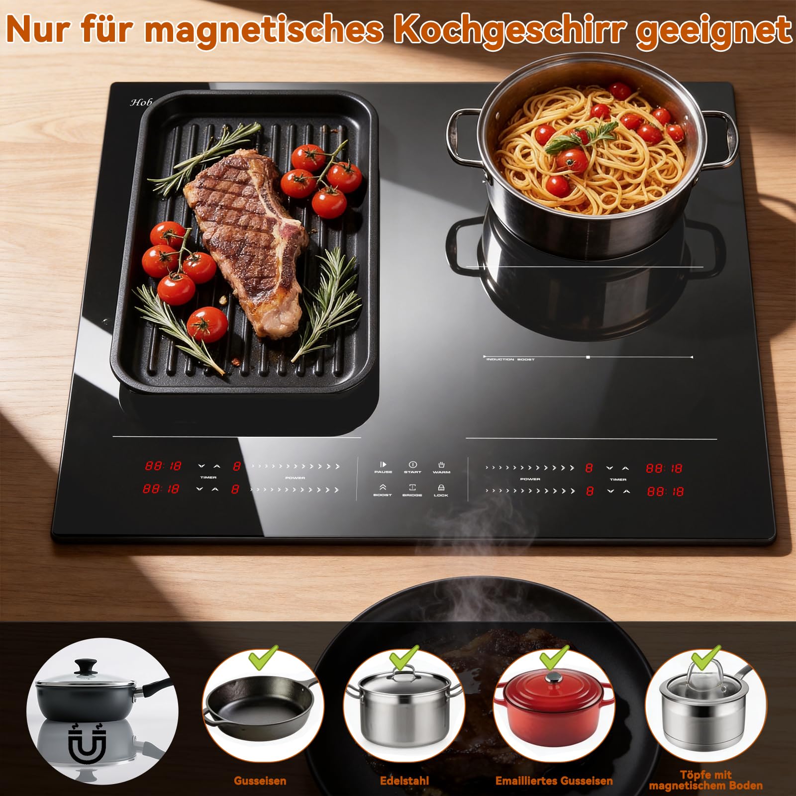 Hobsir Induktionskochfeld 60cm 4 Platten 7200W mit Flexzone Schwarz | Glaskeramikkochfeld 4 zonen Touch-Bedienung, separat steuerbare Kochfelder, Kinderhalte, Boost & Timer, Heizfunktion & Pause