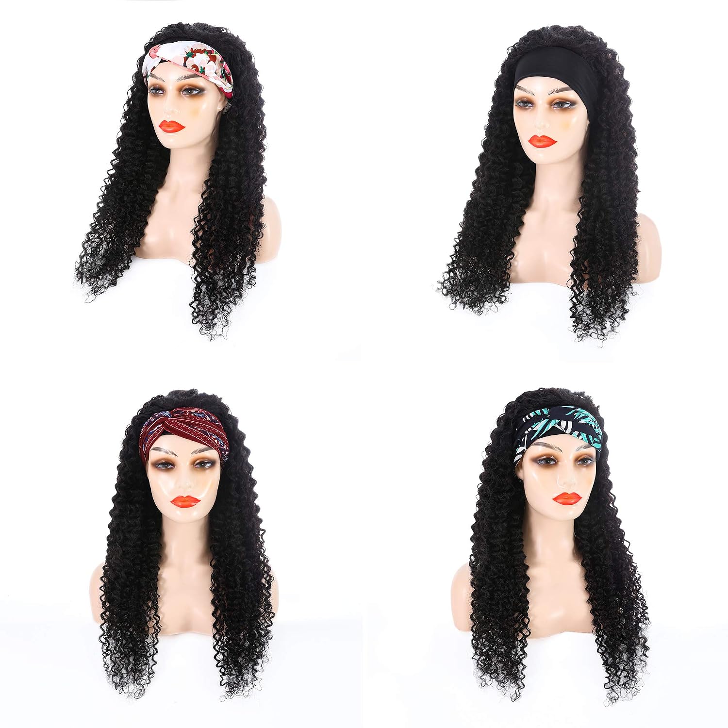 Headband Wigs for Black Women-Brazilian Virgin Human Hair Kinky Curly None Lace Front Wigs 150% Density Machine Made Wigs with Attached Natural Color (24 inch, Headband Kinky Curly Wigs)