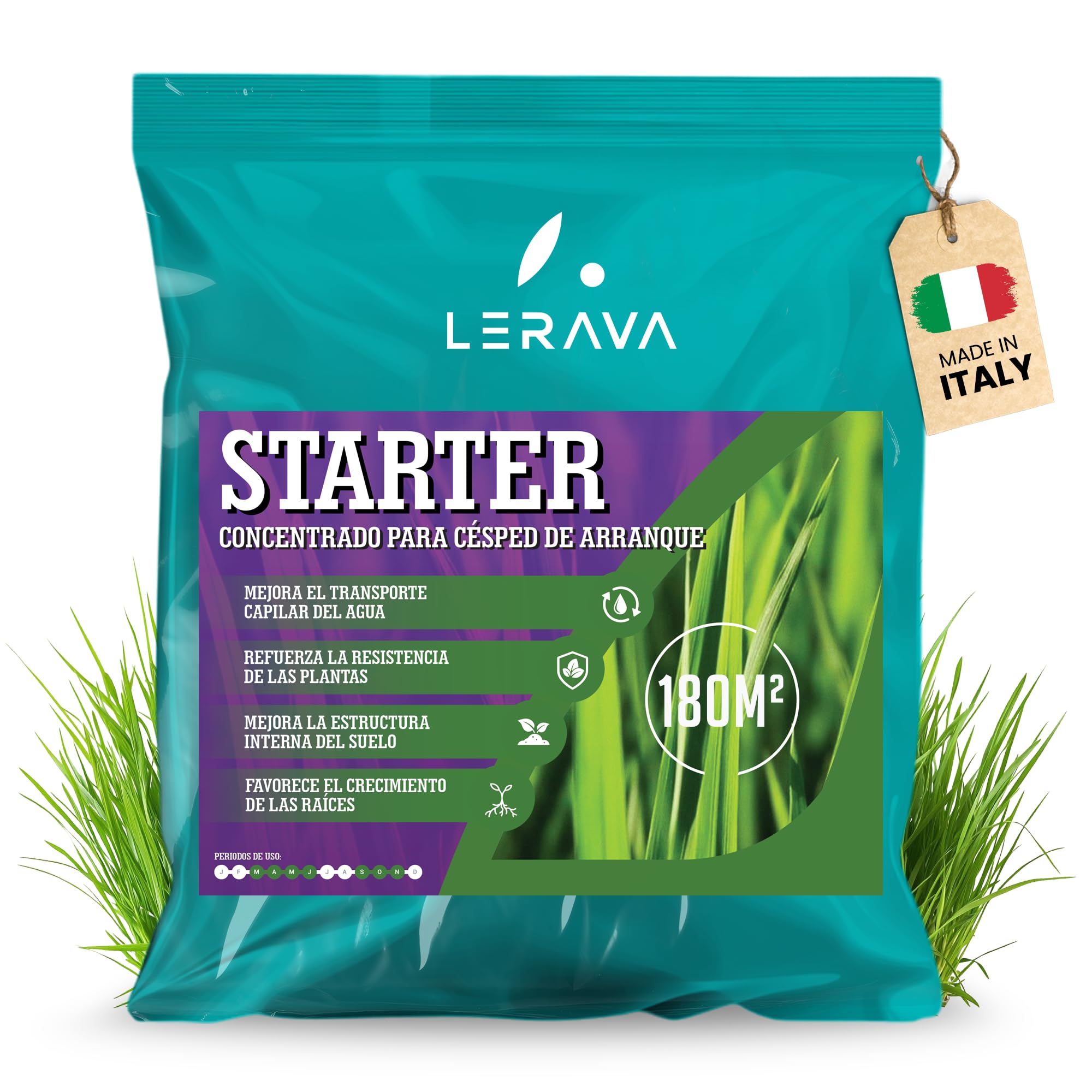 LERAVA STARTER abono césped (180 m²) - favorece el crecimiento de raíces - ideal con semillas de césped sin riesgo de quemar - refuerza la resistencia del suelo - abono para jardín natural