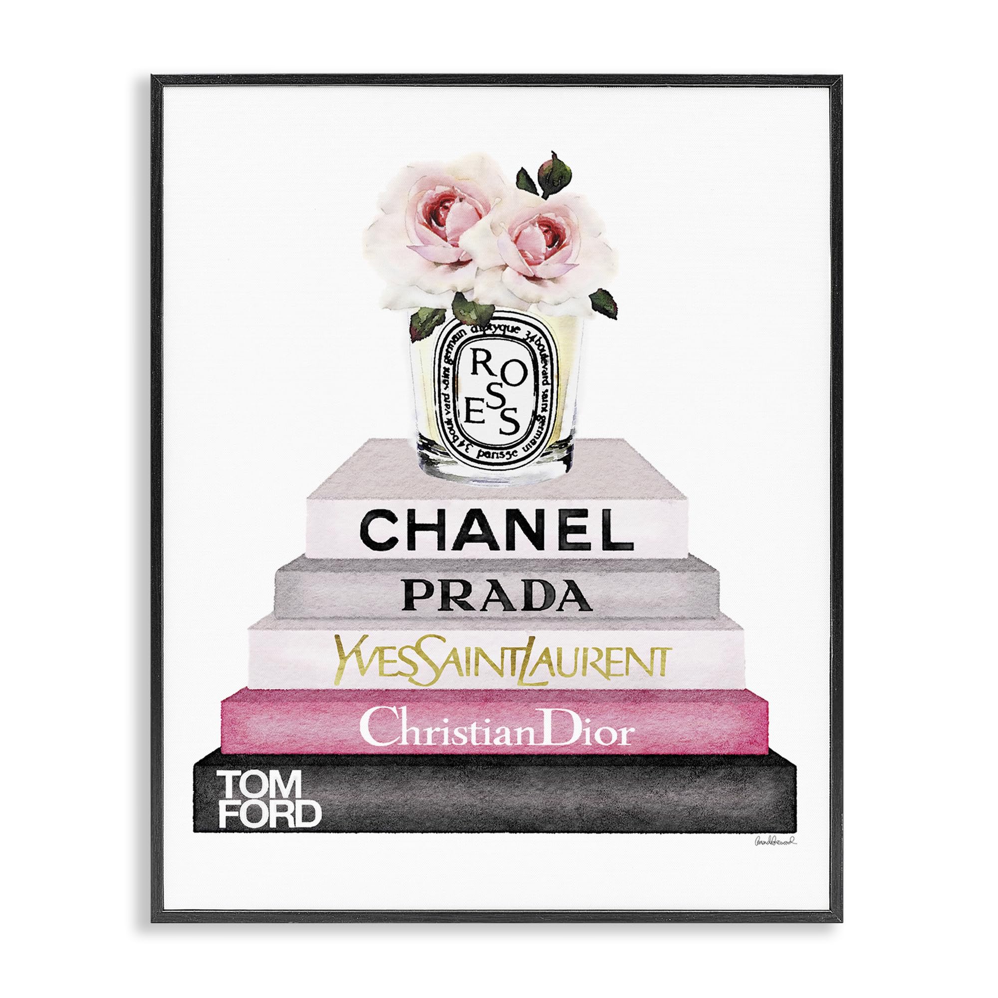 Stupell Industries 'Book Stack Fashion Candle Pink Rose', Framed Giclee Art, Black, 24 x 30 Inches, Easy to Hang and Sturdy, Made in USA, by Amanda Greenwood