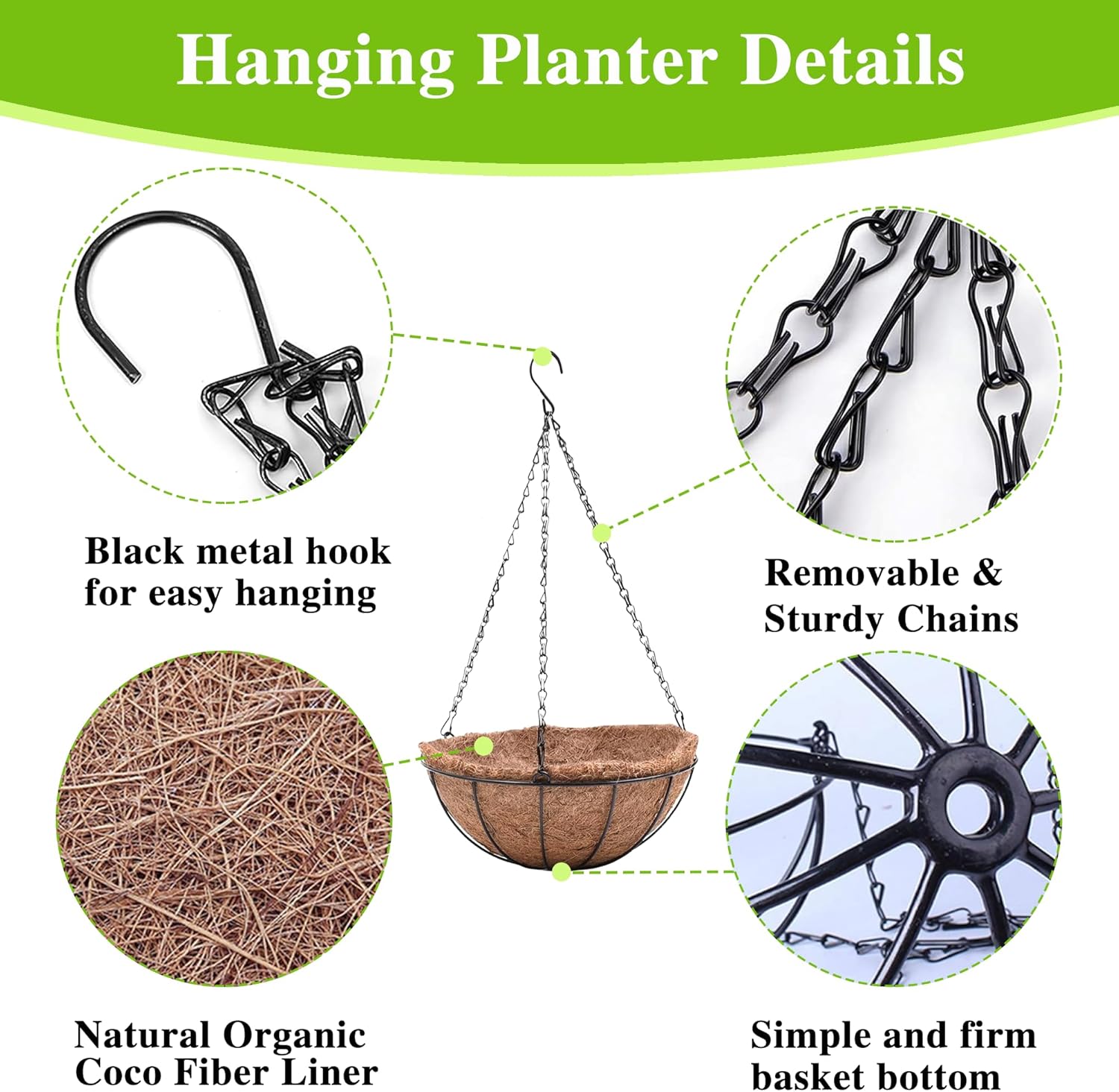 4 Pack Hanging Planter Basket Outdoor Large Hanging Flower Pots Indoor 12 inch with Coco Coir Liner Round Wire Plant Holder Chain Hanging Basket Garden for Home Decor Balcony Office1