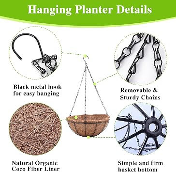 EIMQUVW Metal Hanging Planters Basket Set of 3 Hanging Flower Pots 12 Inch Chain Round Wire Plant Holder with Coco Coir Liner Garden Watering Hanging Baskets for Patio Garden Outdoor1