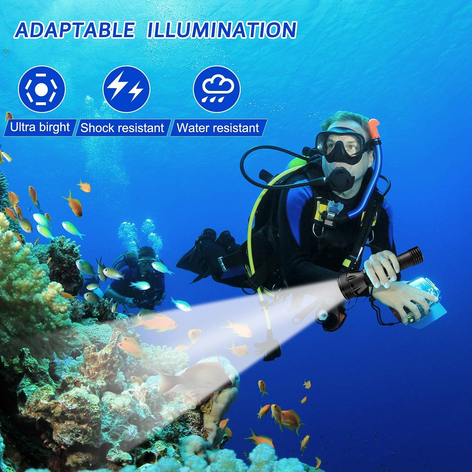 TurnRaise Scuba Diving Light, Diving Flashlight - 1200 Lumen XM-L2 100M Waterproof Underwater Torch, Bright LED Submarine Safety Light for Underwater Activities and Outdoor Activities(Without Battery)