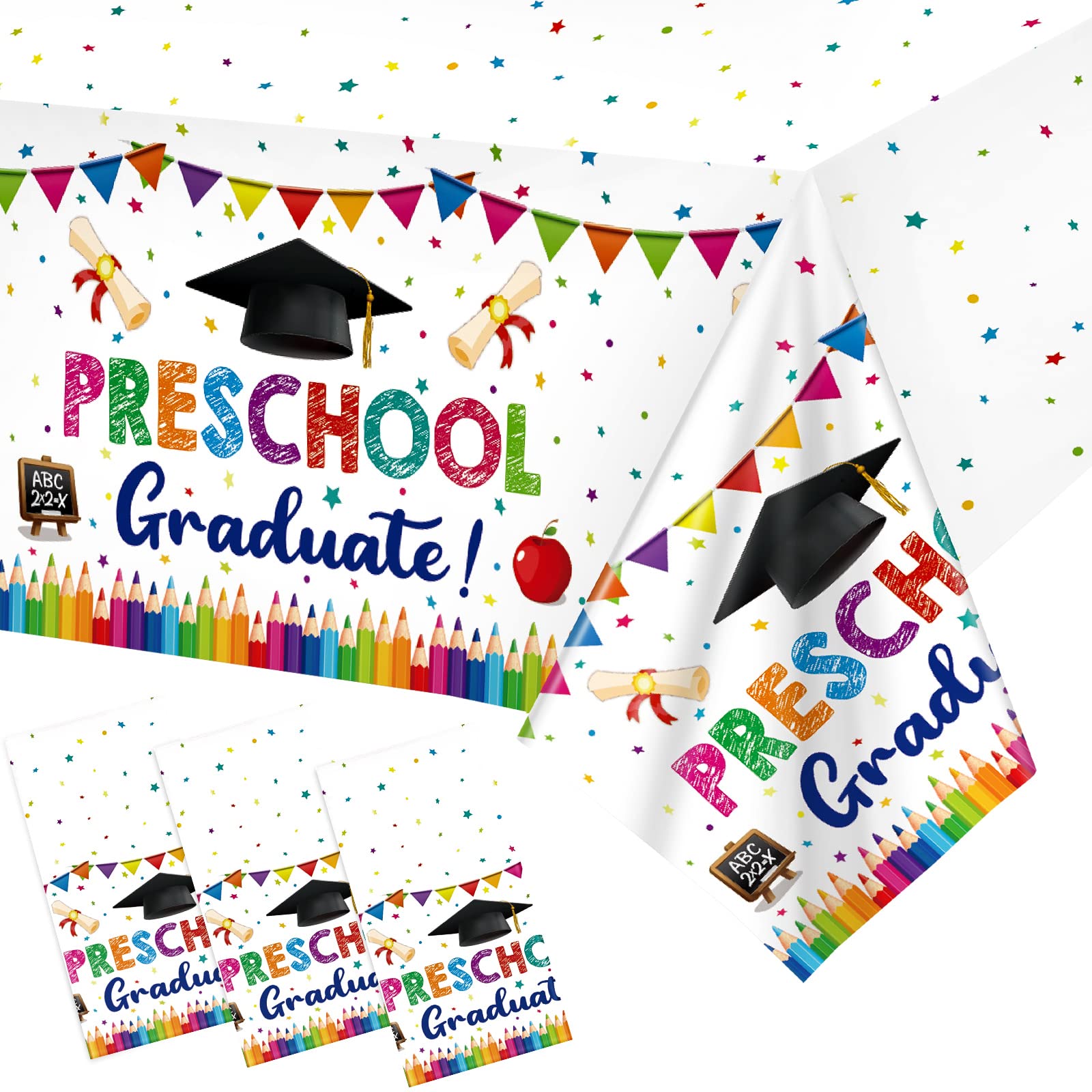 3 Pack Preschool Graduate Tablecloths Plastic Kindergarten Graduation Table Cover Decorations Pre K Congrats Grad Table Cloths for Preschool Graduate Party Ceremony Decor Supplies, 54 x 108'' (White)