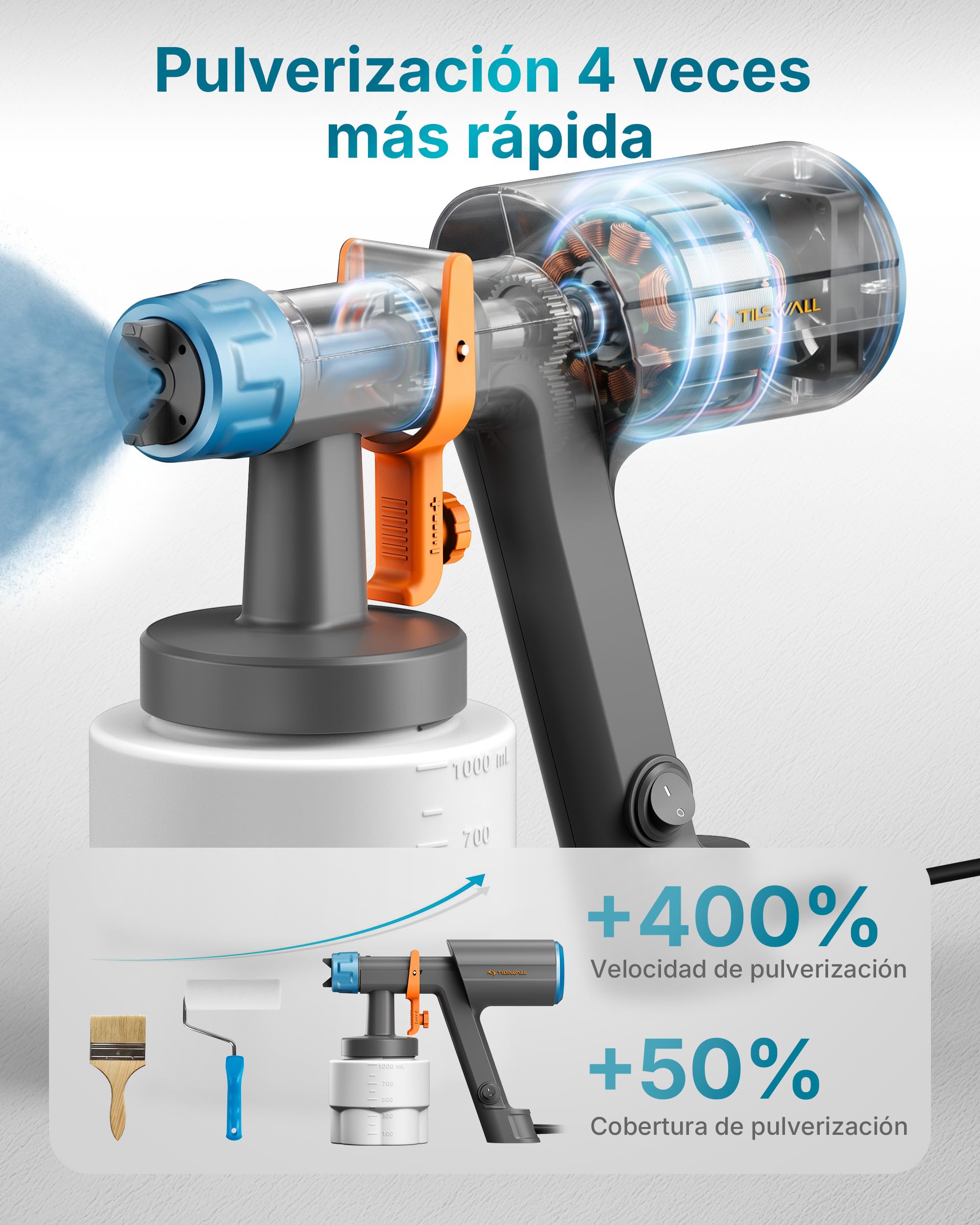 Tilswall Pistola de Pintura Eléctrica HVLP 600W, 1200 mL/min, 3 Boquillas y 3 Patrones, Fácil de Limpiar para Vallas, Cobertizos, Paredes, Techos, Muebles, Gabinetes, Jardín y DIY