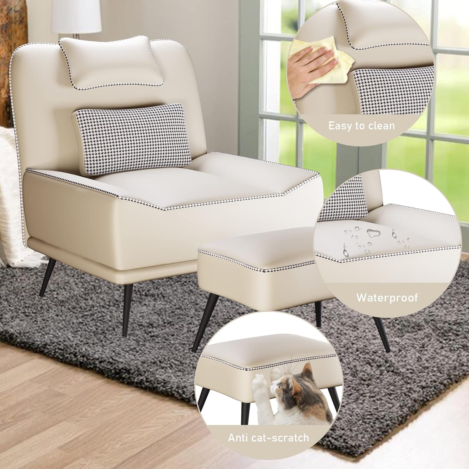 Yongqiang Faux Leather Accent Chair with Ottoman, Modern Upholstered Large Sofa Chair for Living Room Bedroom Lounge Chair Armless Accent Chair and Ottoman Set Beige