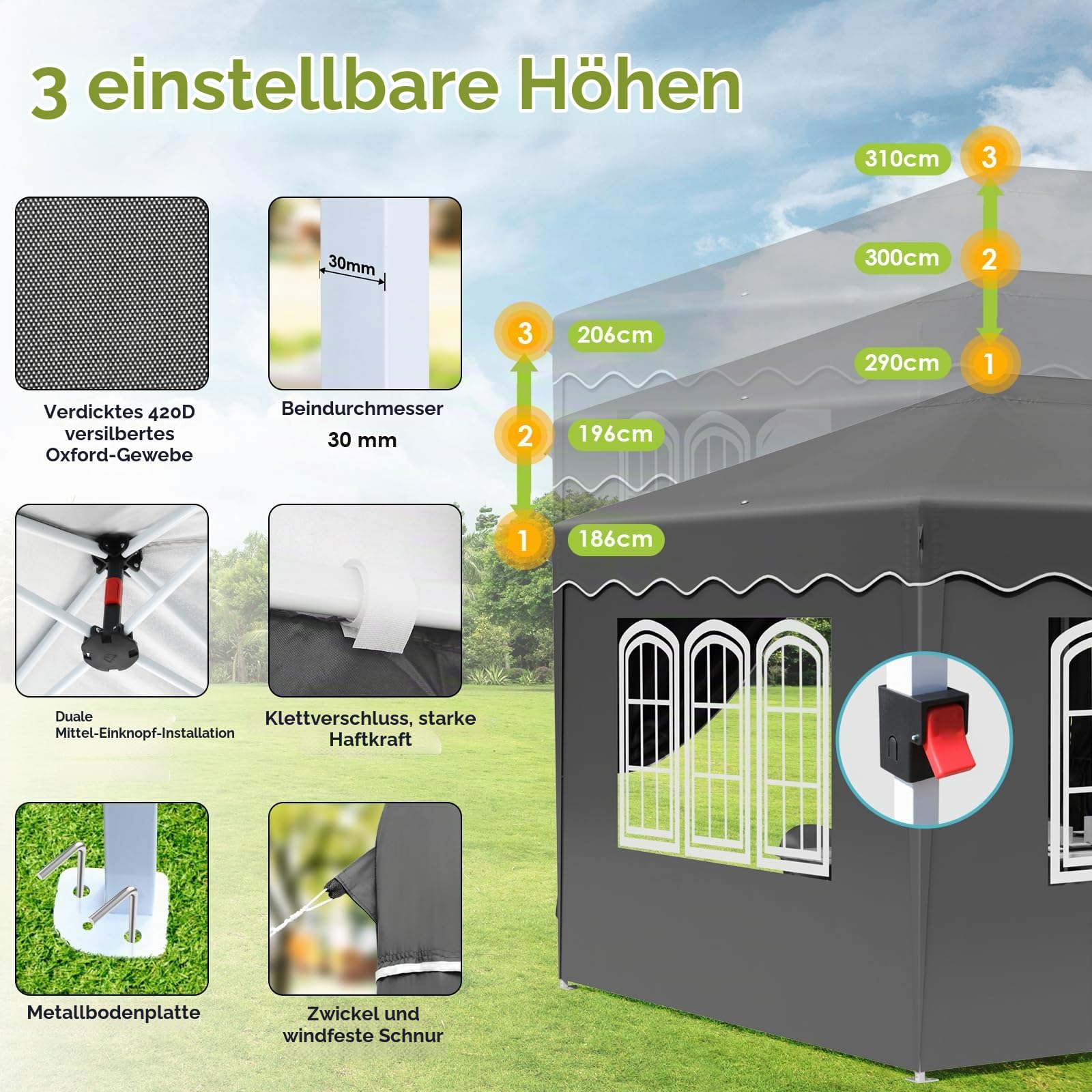 Pavillon 3x6,mit 6PCS Seitenteilen,Faltpavillon Wasserdicht,Stabil Winterfest,Partyzelt,Tente de Reception,Gartenpavillon Höhenverstellbar,für Strand/Festival/Camping/Markt,12 Erdhaken 6 Seil,Grau