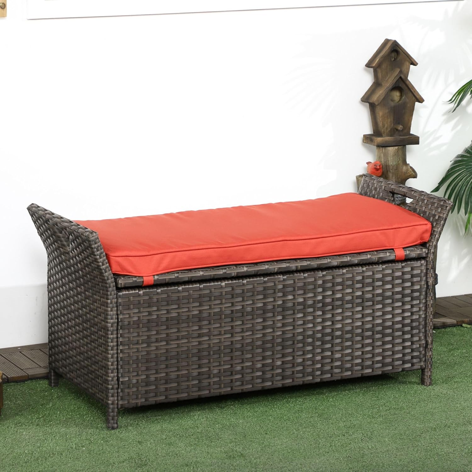 27Gallon Rectangular PE Rattan Storage Bench Red Weatherproof Heavy Duty with Hinged Lid Waterproof Outdoor Durable Furniture