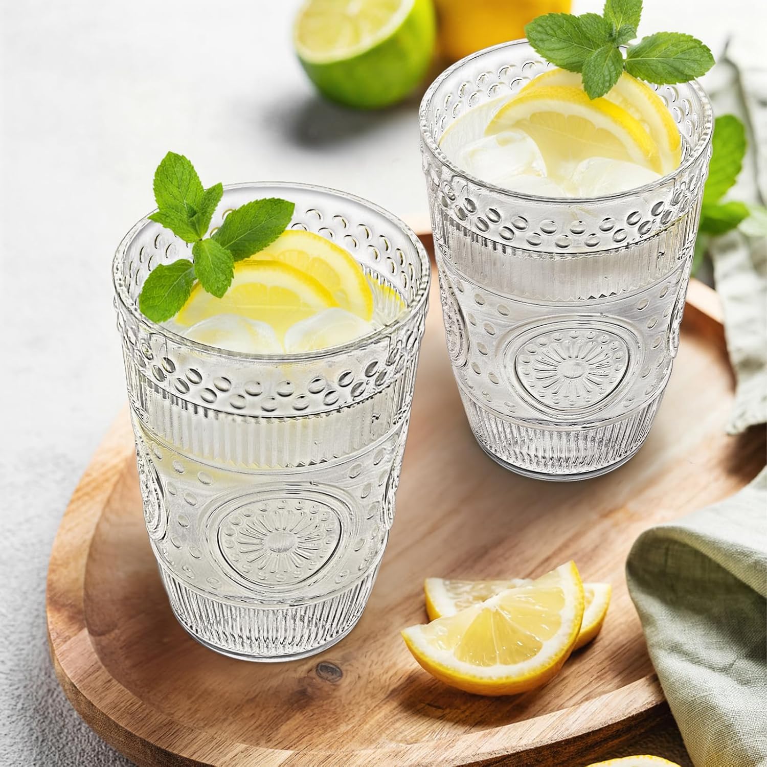 Pumtus 12 Pack Clear Plastic Tumblers, 15 OZ Reusable Romantic Drinking Cup, Shatterproof Embossed Ribbed Water Mug, Vintage Stackable Drinkware for Beverage Beer Cocktail, Restaurant Party